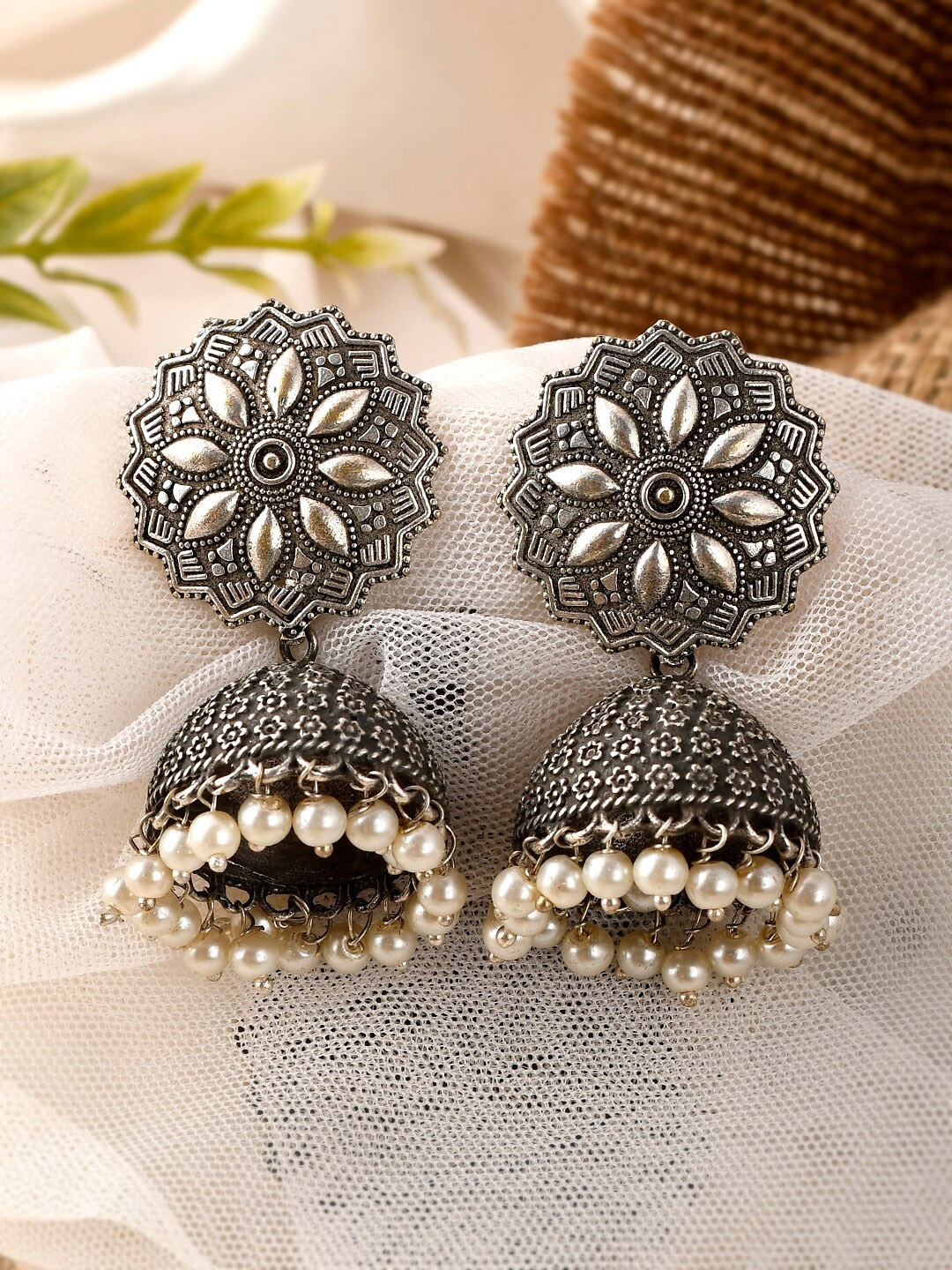 

AQUASTREET JEWELS Silver-Plated & White Pearls Jhumkas Earrings