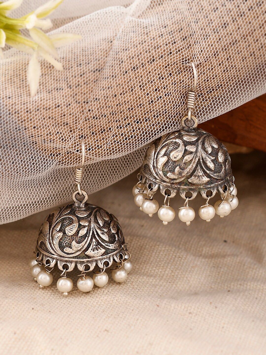 

AQUASTREET JEWELS Silver-Plated & White Contemporary Jhumkas Earrings