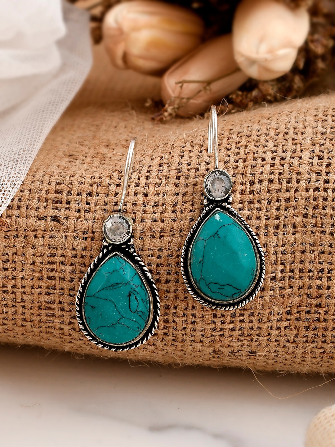 

AQUASTREET JEWELS Turquoise Blue Oxidised Silver Plated Teardrop Shaped Drop Earrings