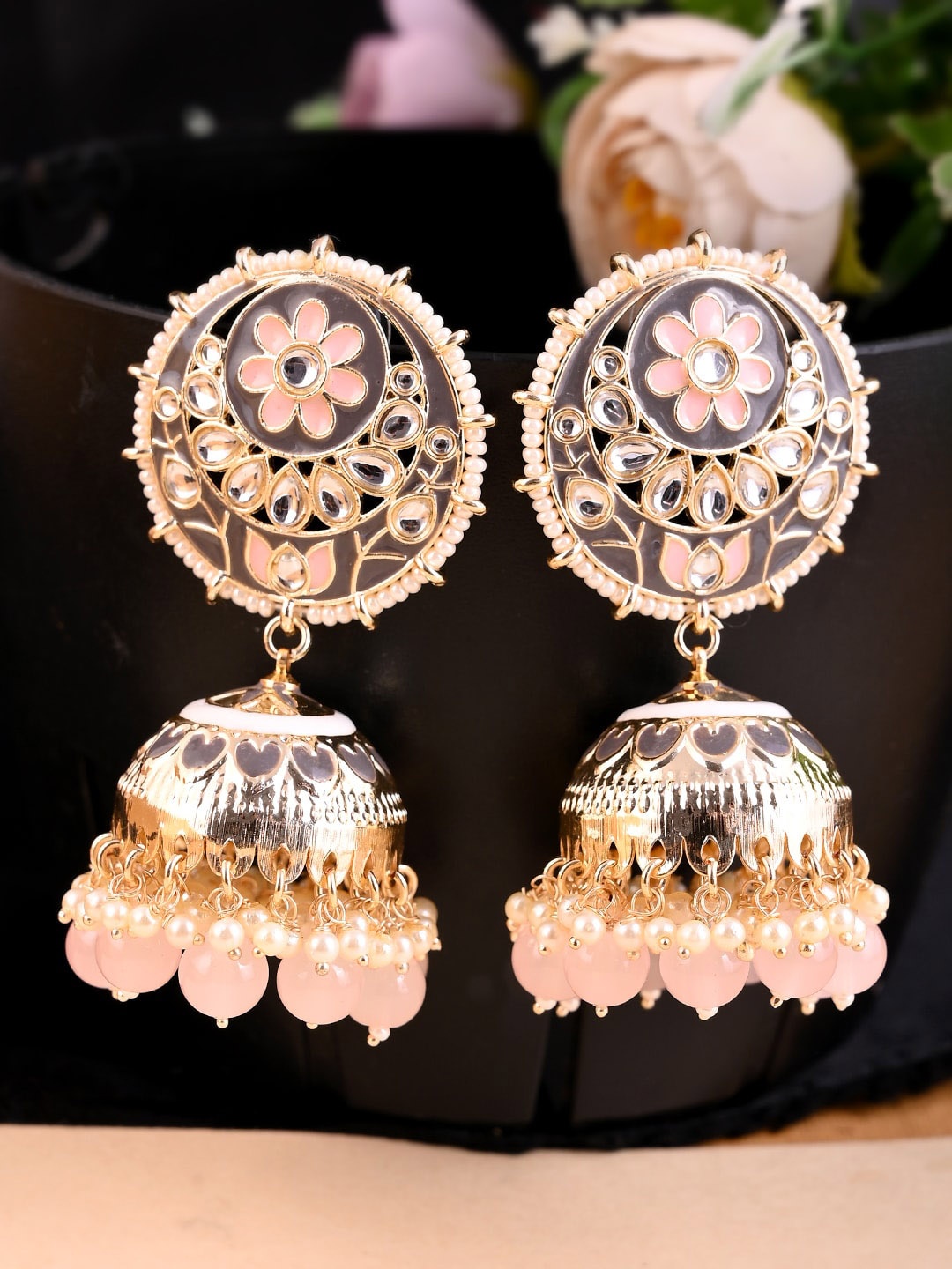 

AQUASTREET JEWELS Gold Plated Black Meenakari and Kundan Jhumka Earrings