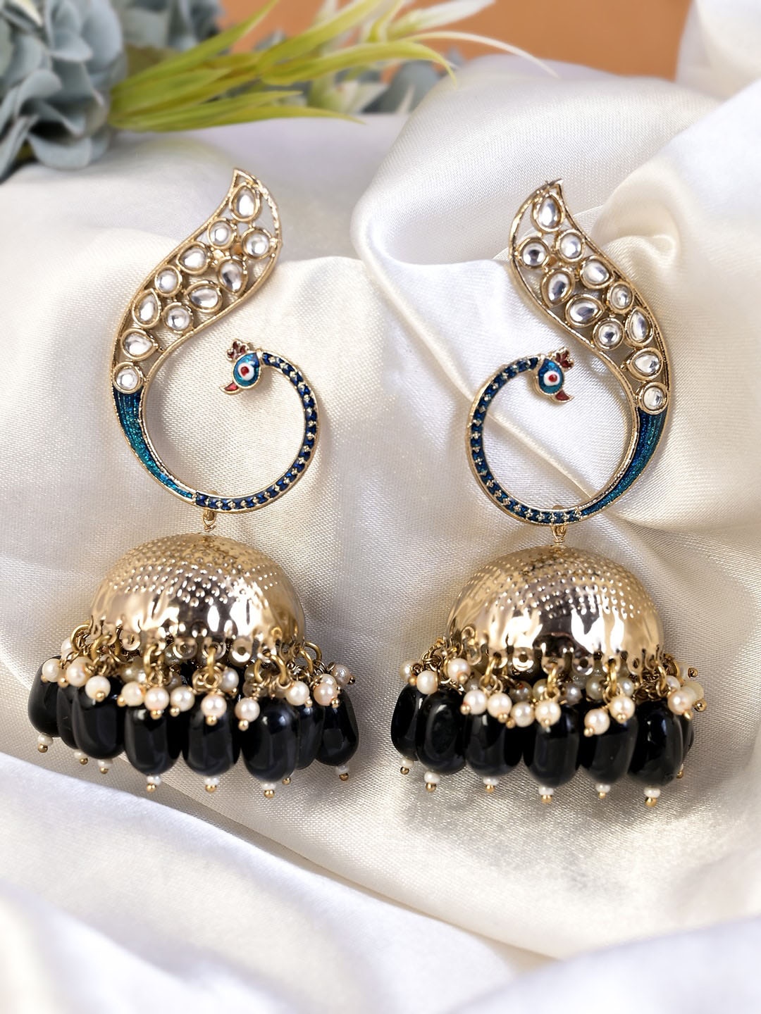 

AQUASTREET JEWELS Green Gold Plated Peacock Shaped Meenakari Jhumkas Earrings