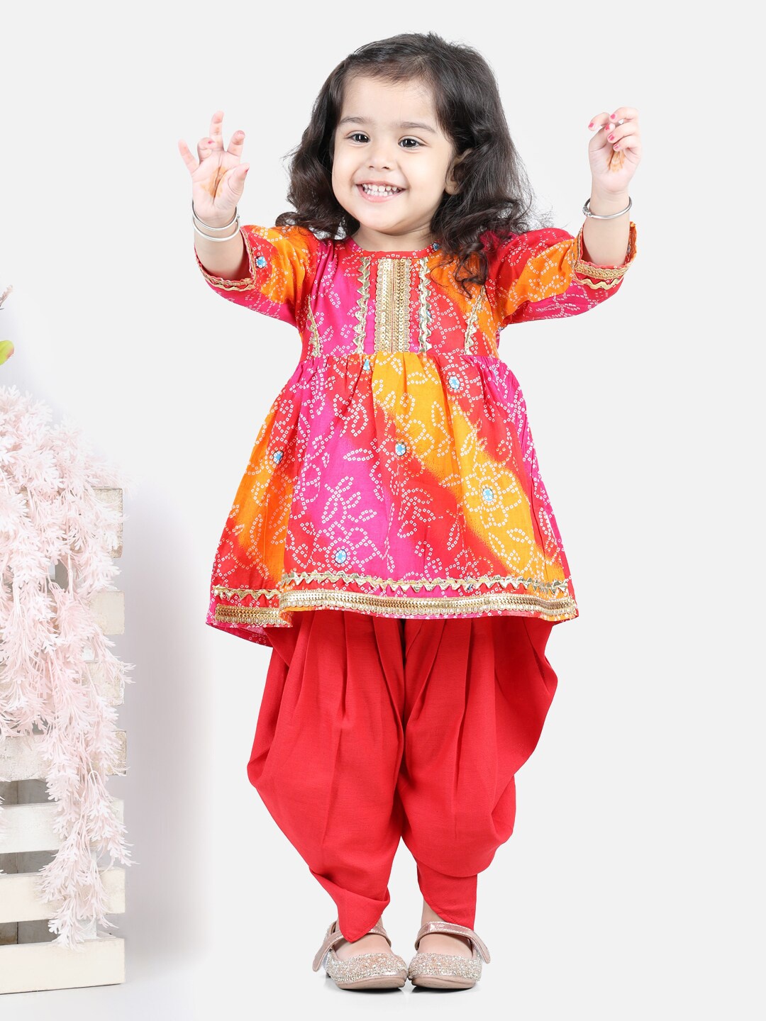 

BownBee Girls Red & Yellow Printed Top with Dhoti Pants