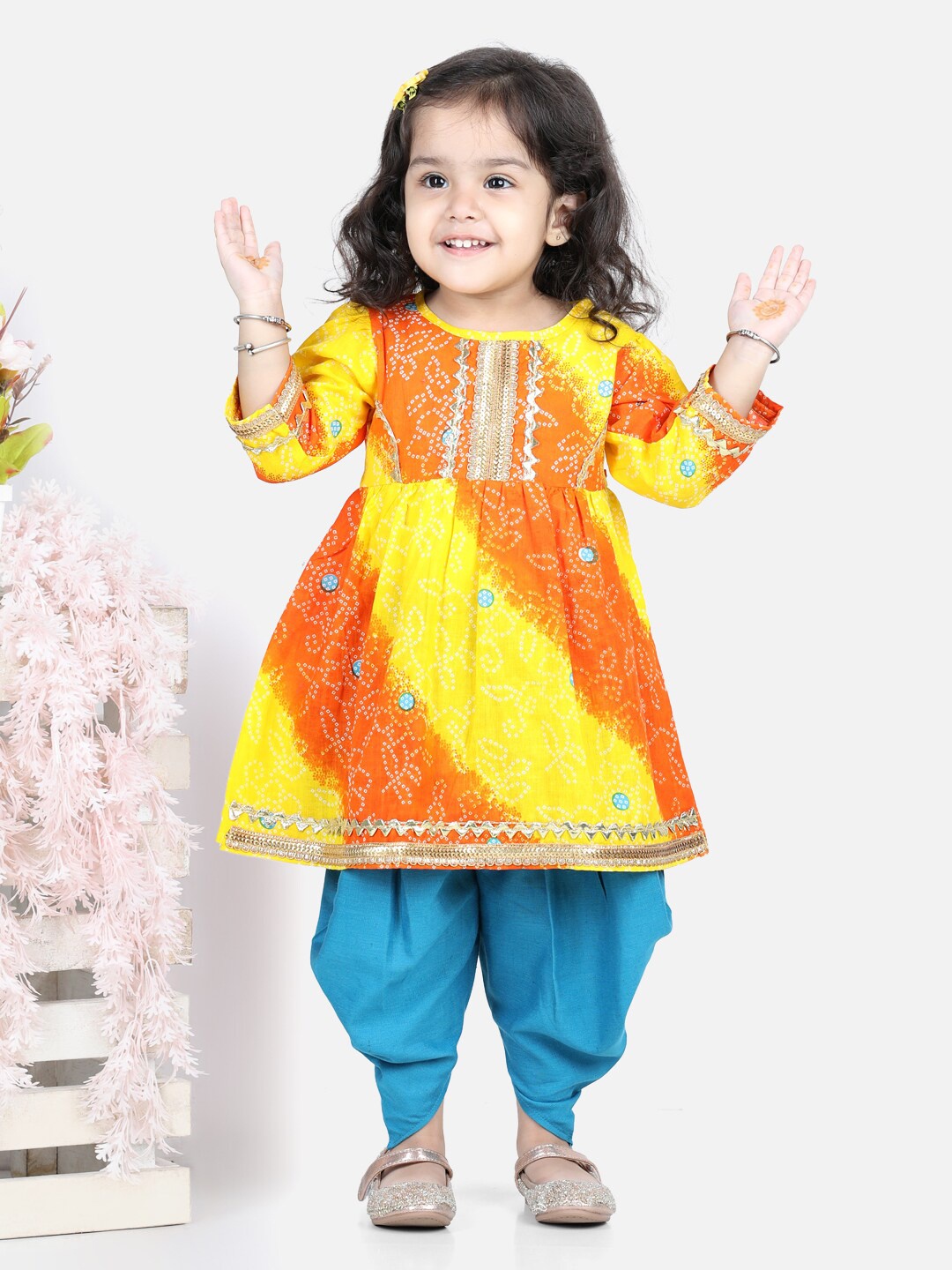 

BownBee Girls Orange & Blue Printed Top with Dhoti Pants