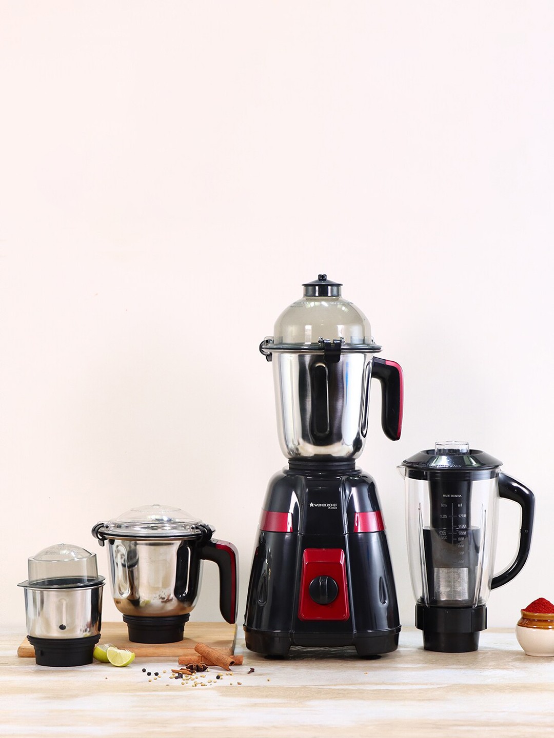 

Wonderchef Black & Steel-Toned Solid Mixer With 4 Jars