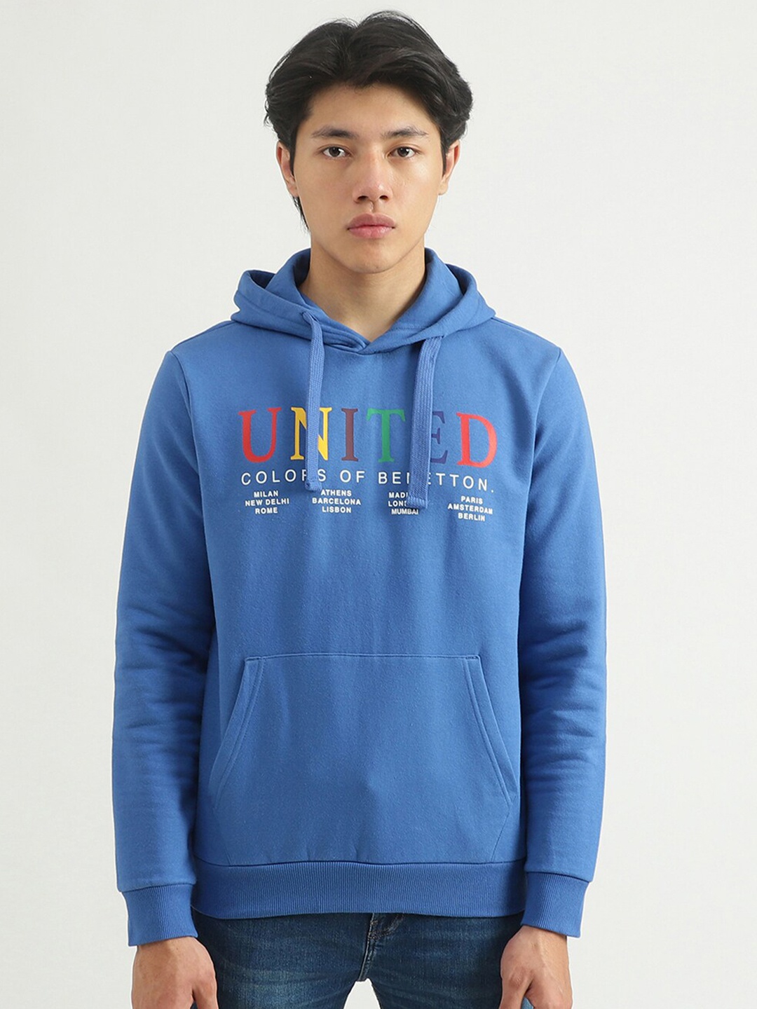 

United Colors of Benetton Men Blue Printed Hooded Sweatshirt