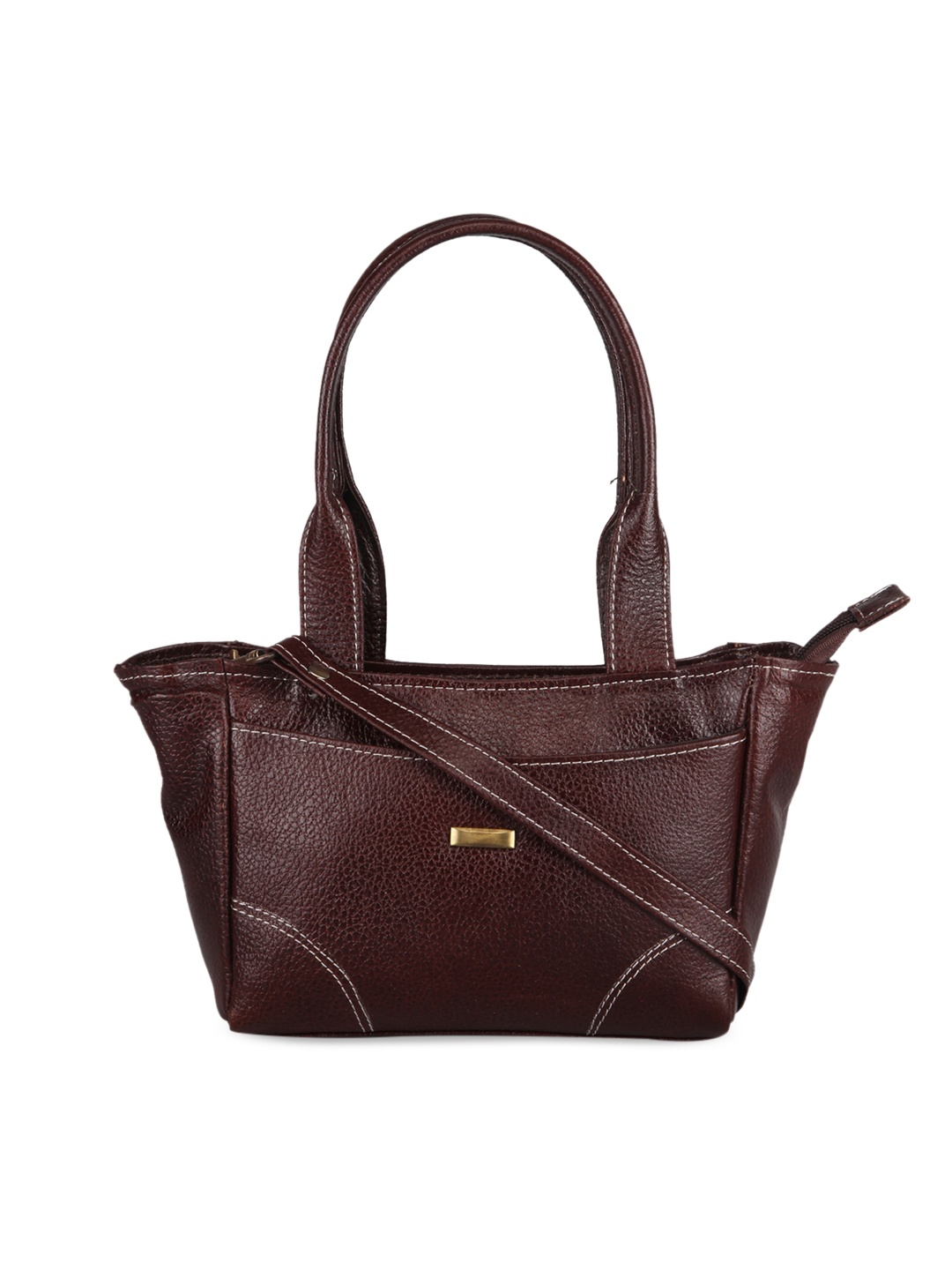

GENWAYNE Brown Leather Structured Handheld Bag With Cut Work