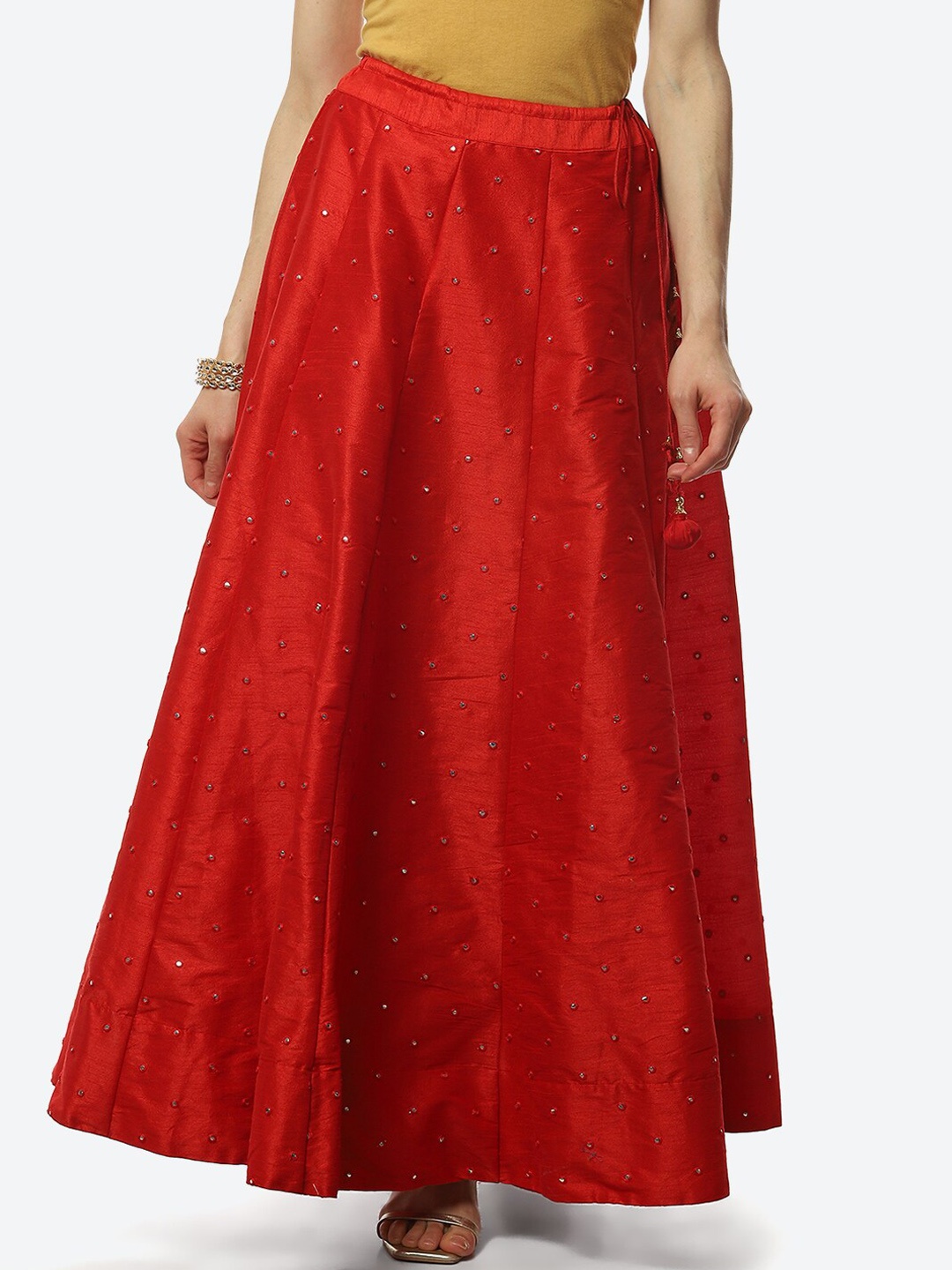 

Biba Women Red Mirror Work Embellished Flared Maxi Skirt
