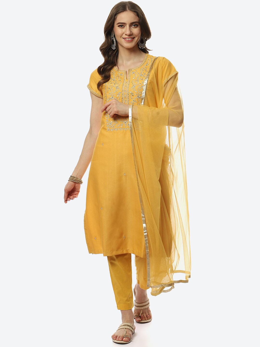 

Biba Women Floral Embroidered Kurta with Trousers & With Dupatta, Mustard