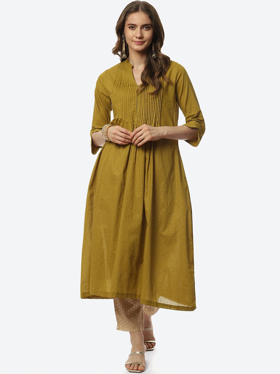 

Biba Women Olive Green Pleated A-Line Kurta
