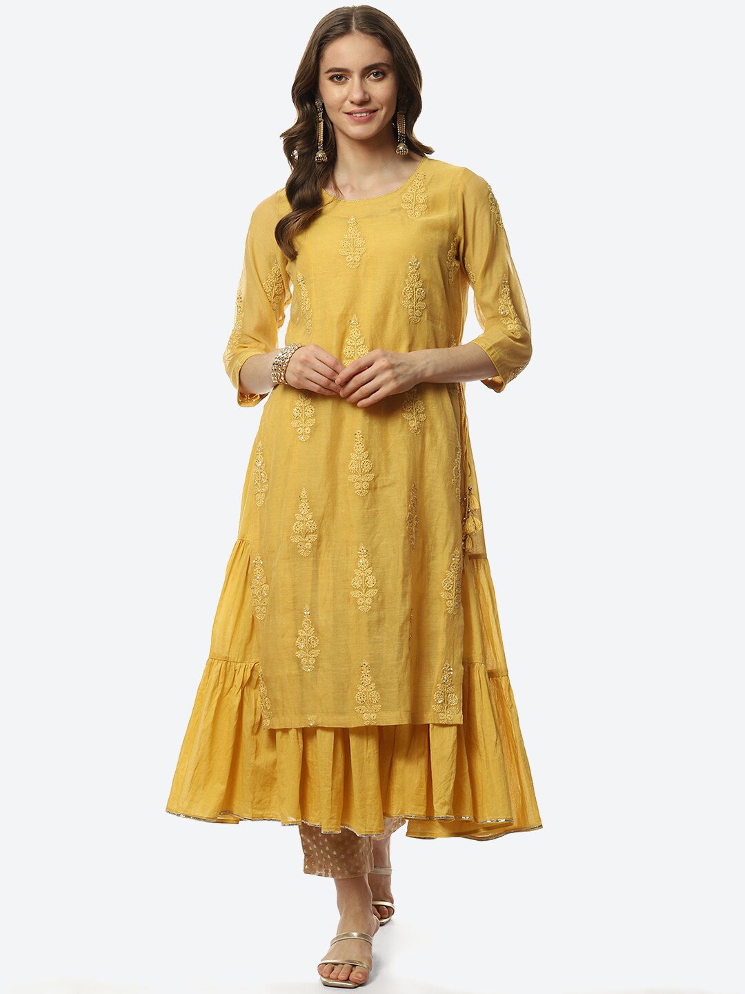 

Biba Women Yellow Floral Embroidered Layered Kurta