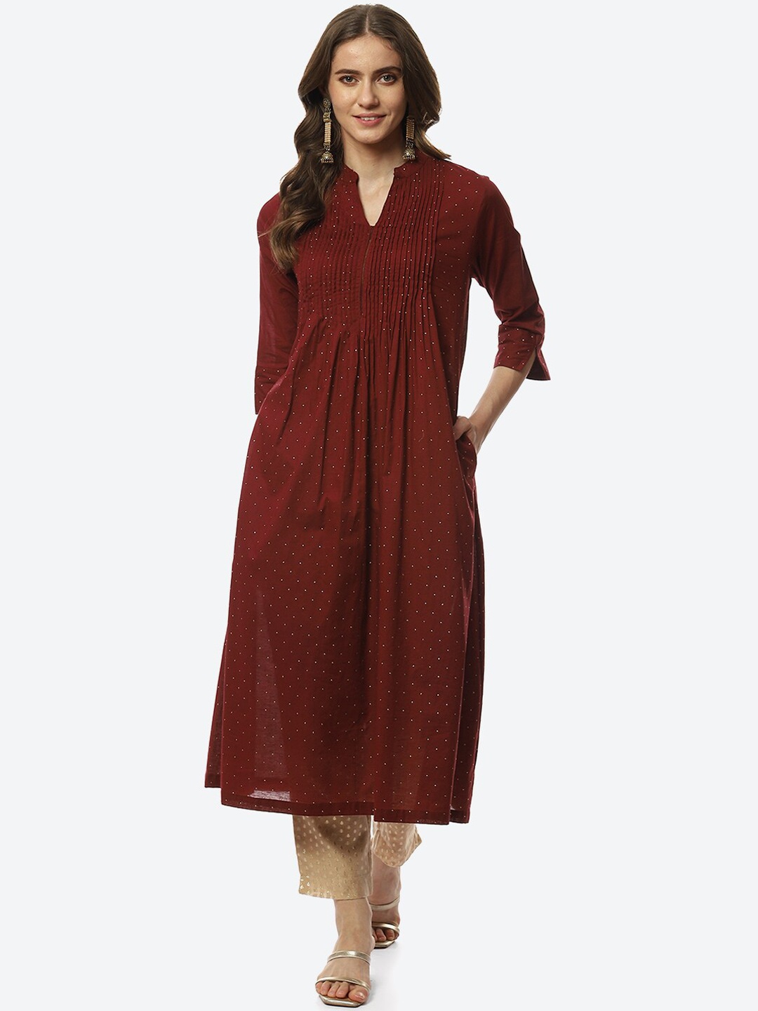 

Biba Women Maroon & Gold-Toned Pleated A-Line Kurta