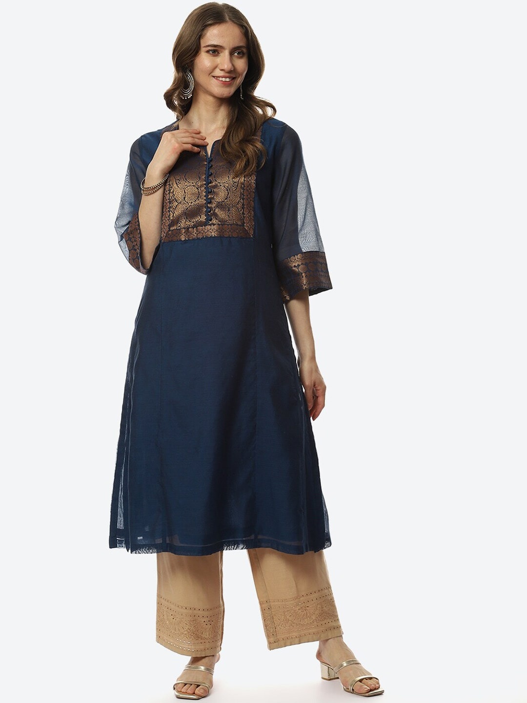 

Biba Women Navy Blue & Copper-Toned Yoke Design Kurta