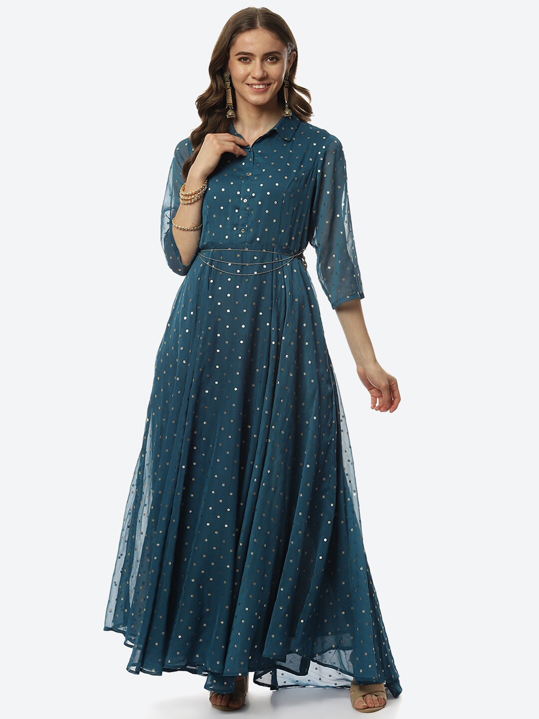 

Biba Teal Embellished Ethnic Maxi Dress