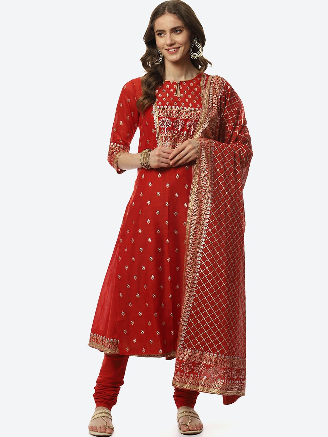 

Biba Women Floral Printed Kurta with Churidar & With Dupatta, Red