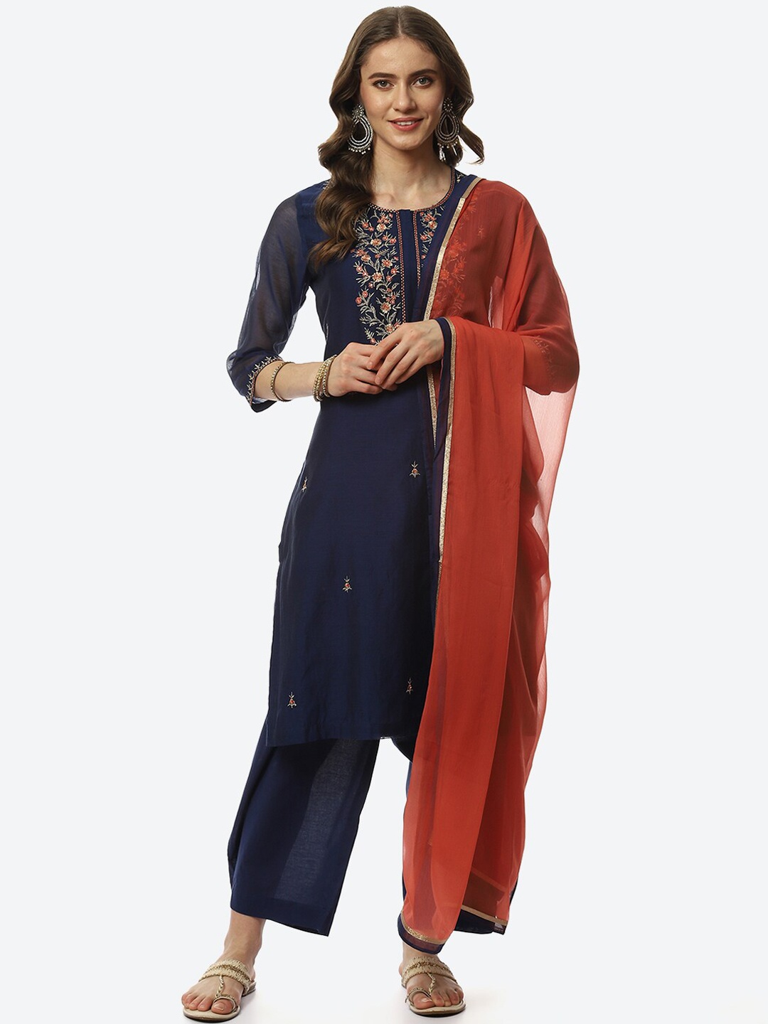 

Biba Women Plus size Floral Embroidered Kurta with Trouser & With Dupatta, Navy blue