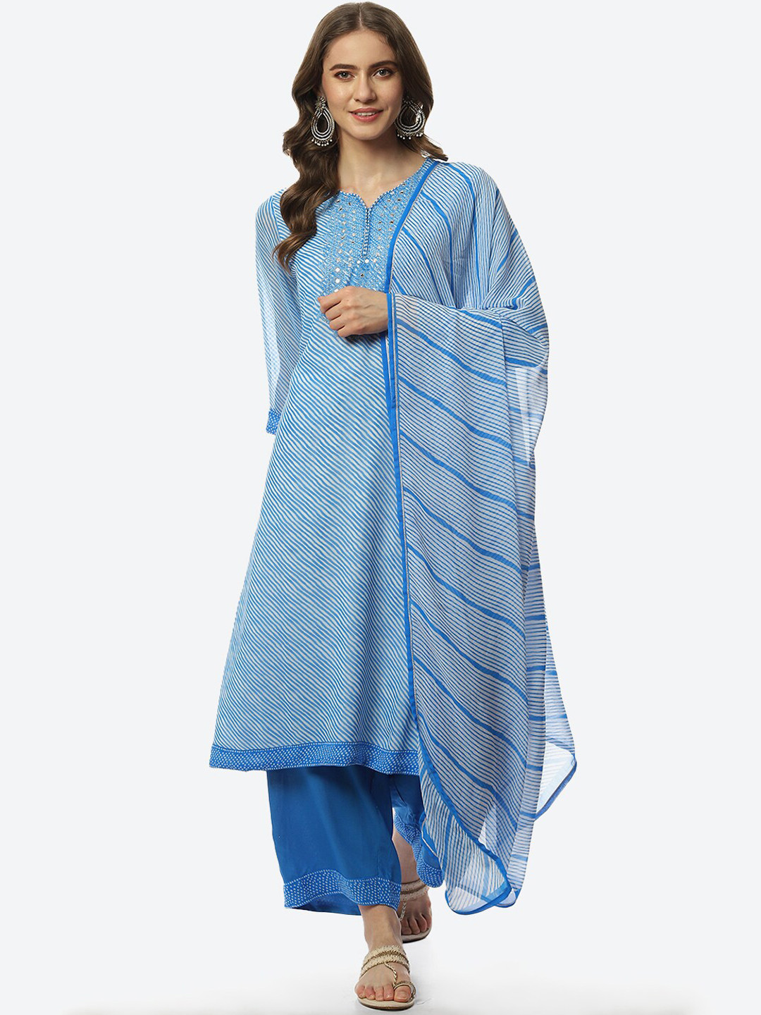 

Biba Women Striped Kurta with Palazzos & With Dupatta, Turquoise blue