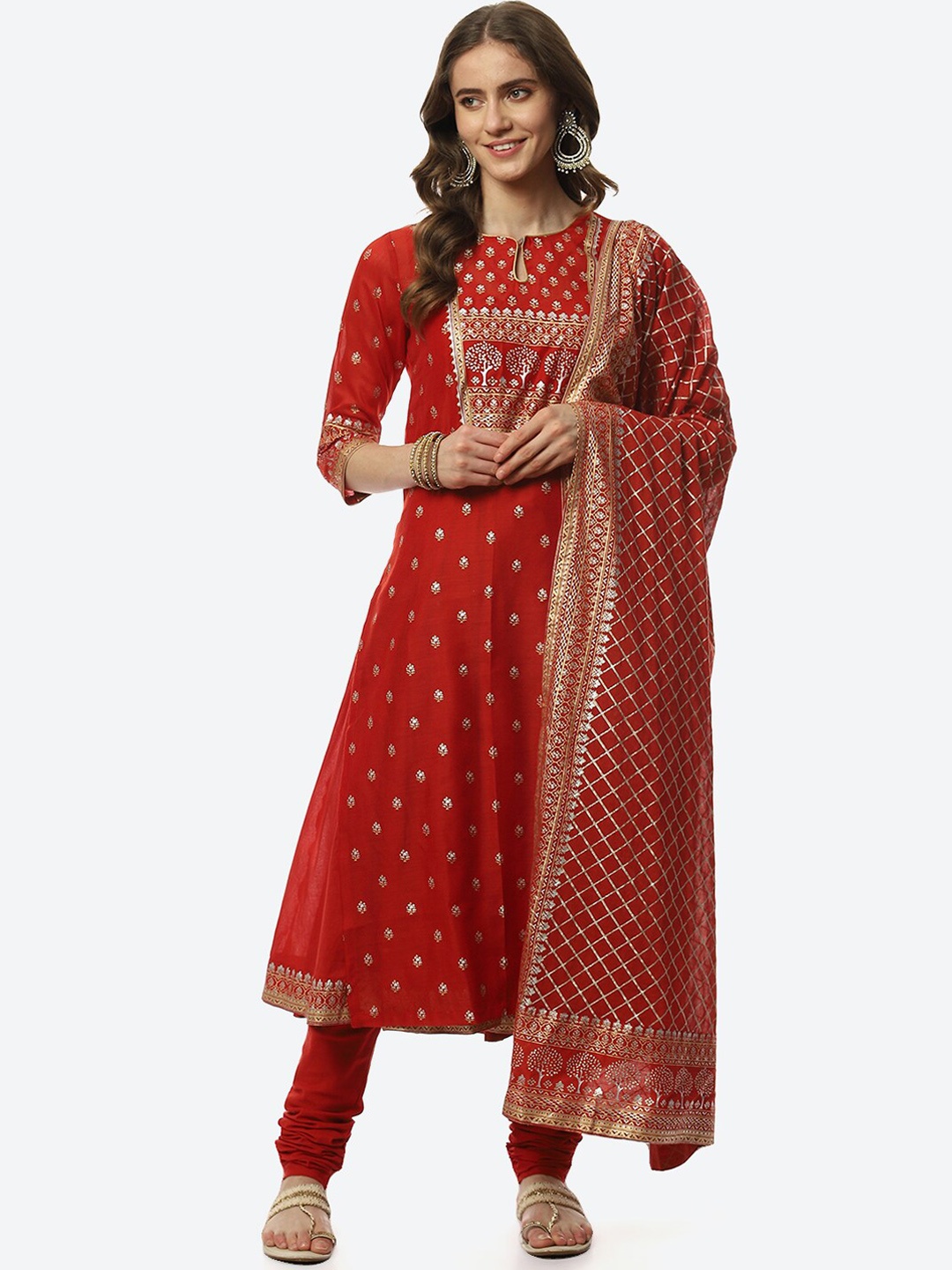 

Biba Women Red Ethnic Motifs Printed Kurta with Churidar & With Dupatta