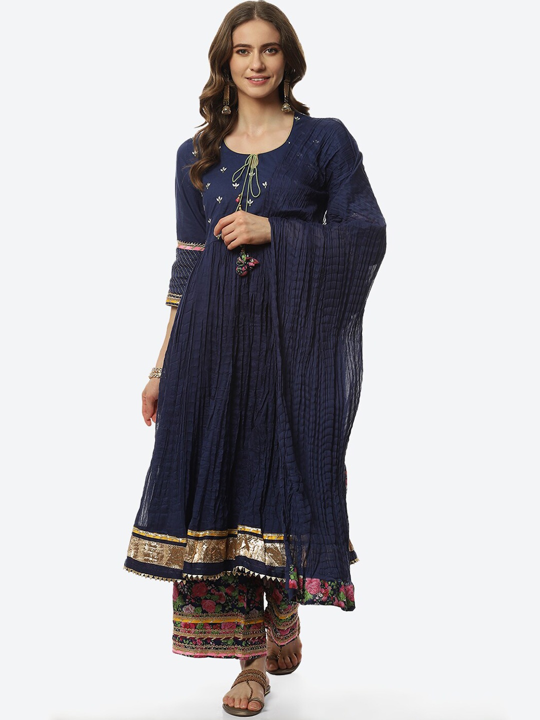 

Biba Women Floral Yoke Design Empire Kurta with Trousers & With Dupatta, Blue