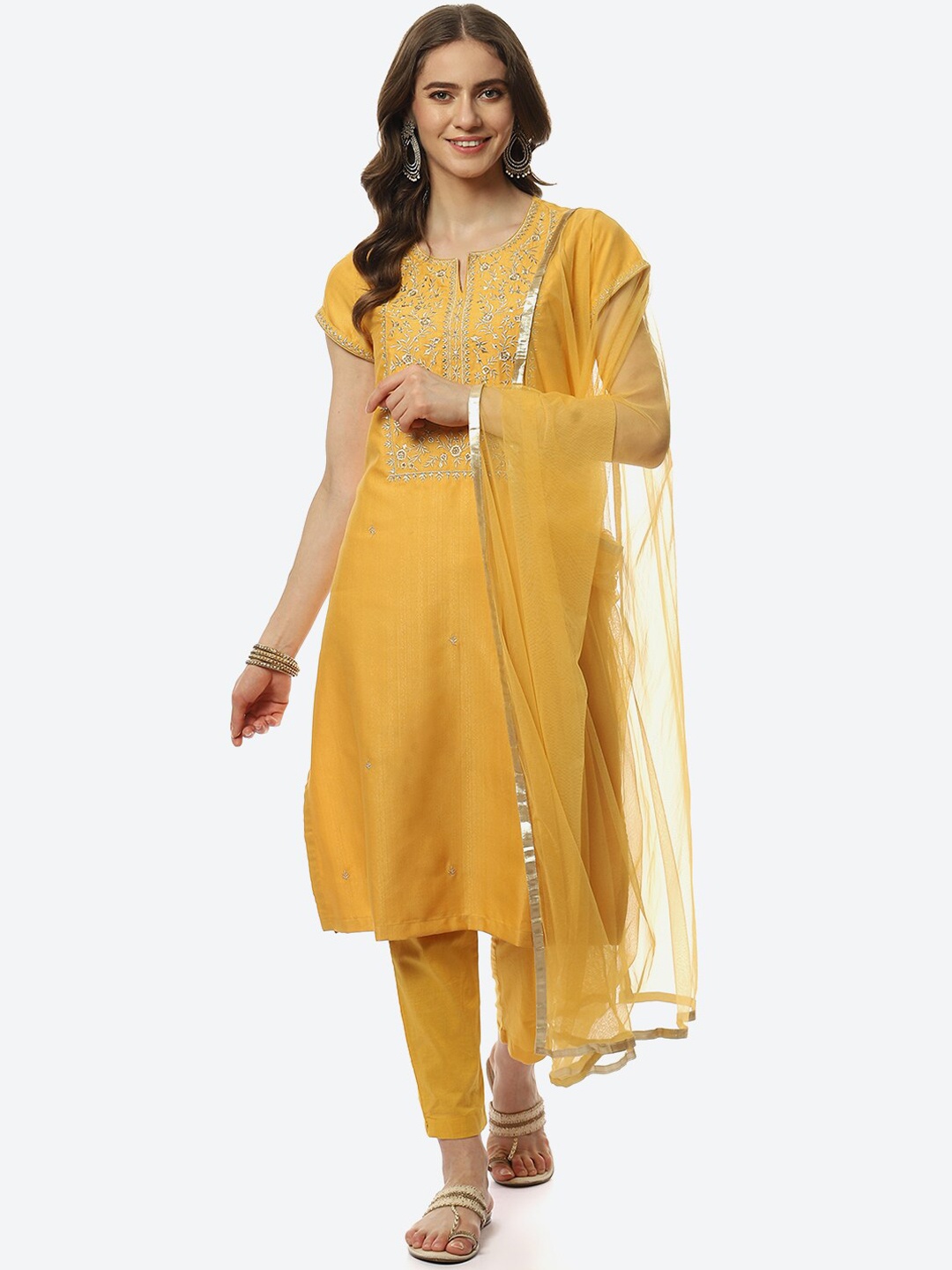 

Biba Women Mustard Yellow Floral Embroidered Kurta with Trousers & With Dupatta