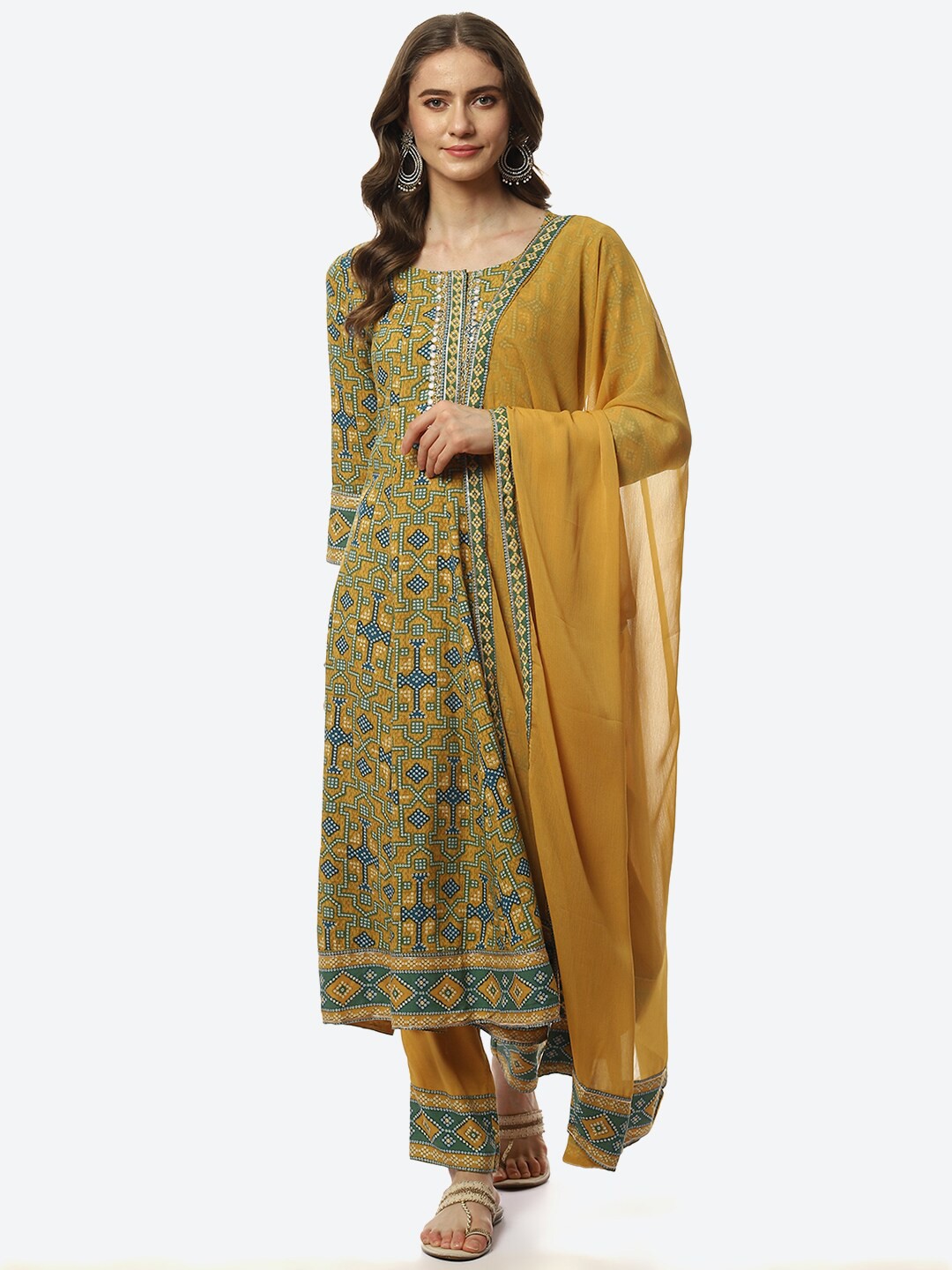 

Biba Women Plus Size Mustard Floral Printed Kurta With Trousers & Dupatta