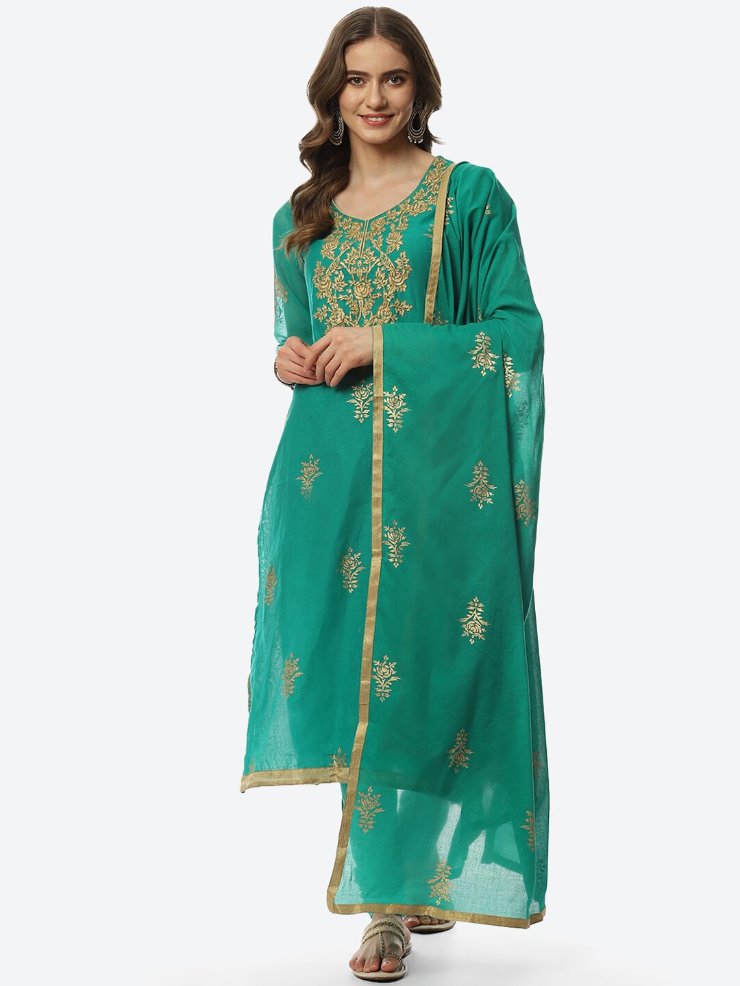 

Biba Women Embroidered Thread Work Kurta with Churidar & With Dupatta, Green