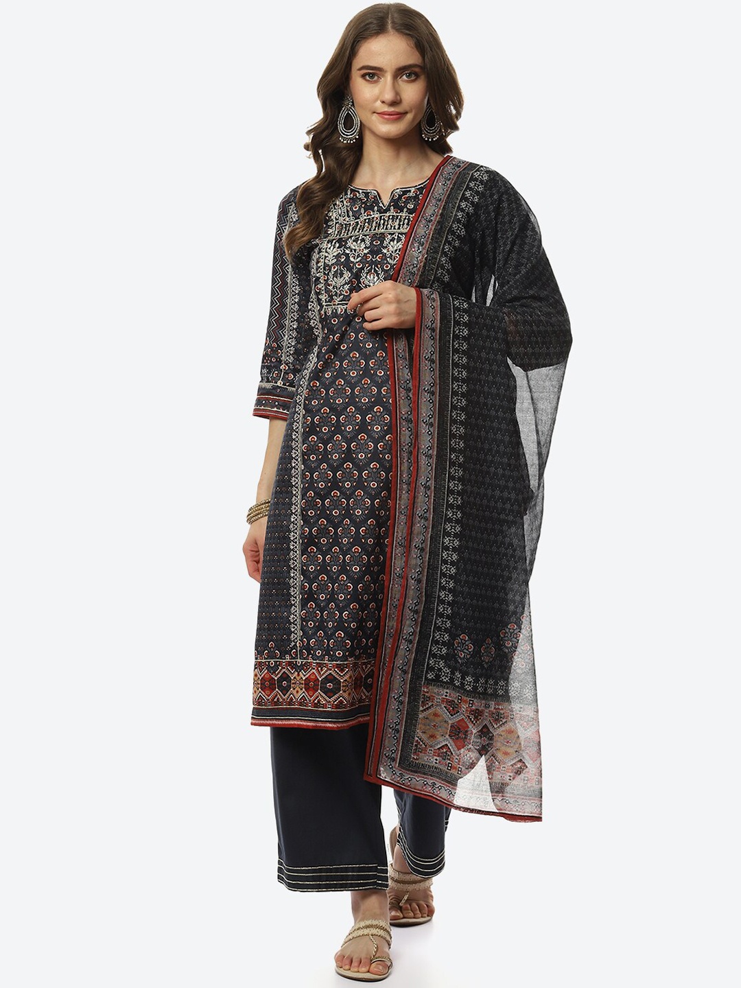 

Biba Women Printed Thread Work Kurta with Palazzos & With Dupatta, Charcoal