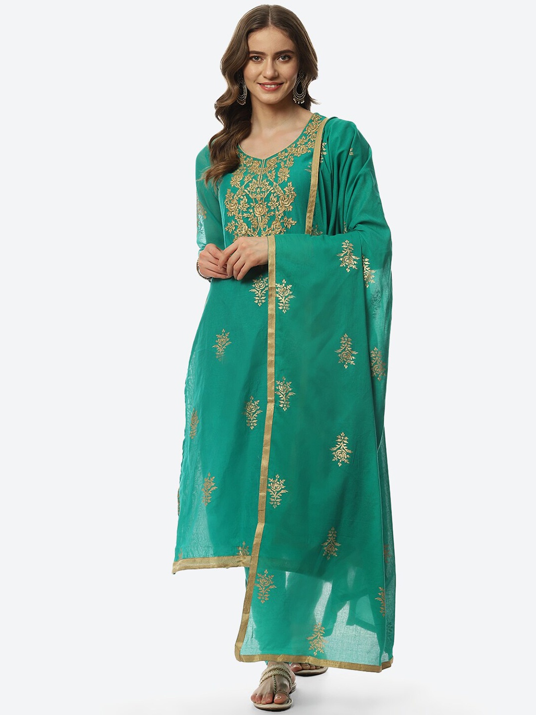 

Biba Women Embroidered Straight Kurta with Churidar & With Dupatta, Green
