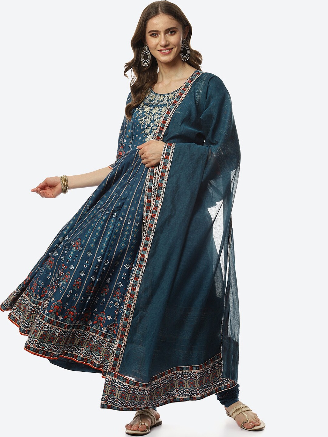

Biba Women Teal Floral Printed Thread Work Kurta with Trousers & With Dupatta