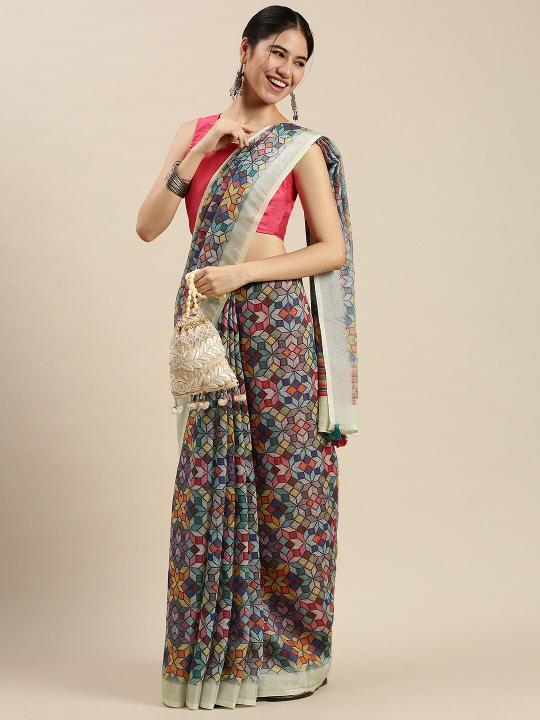 

Ethnic Threads Pink & Blue Pure Linen Saree