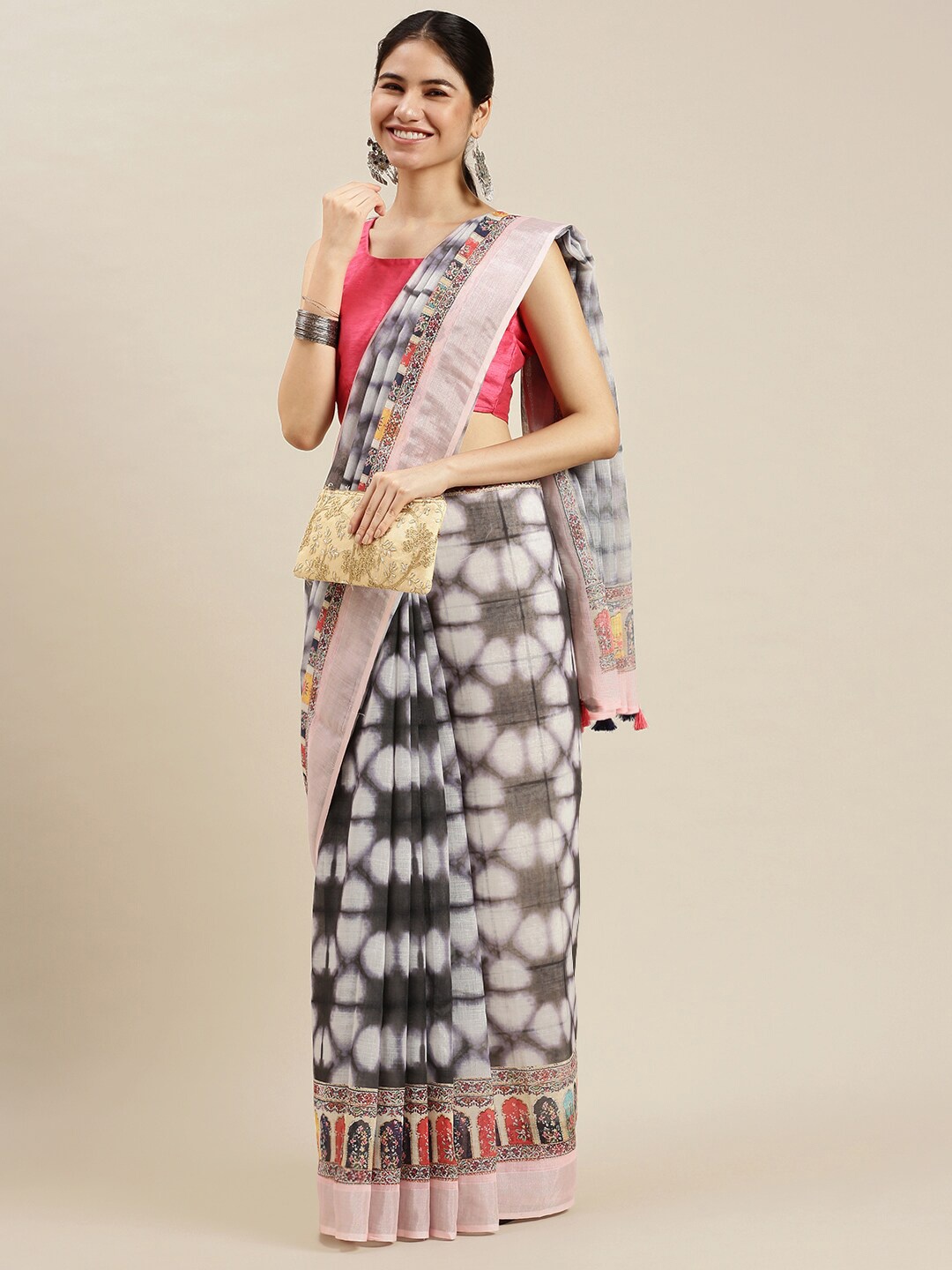 

Ethnic Threads Black & White Tie and Dye Pure Linen Saree