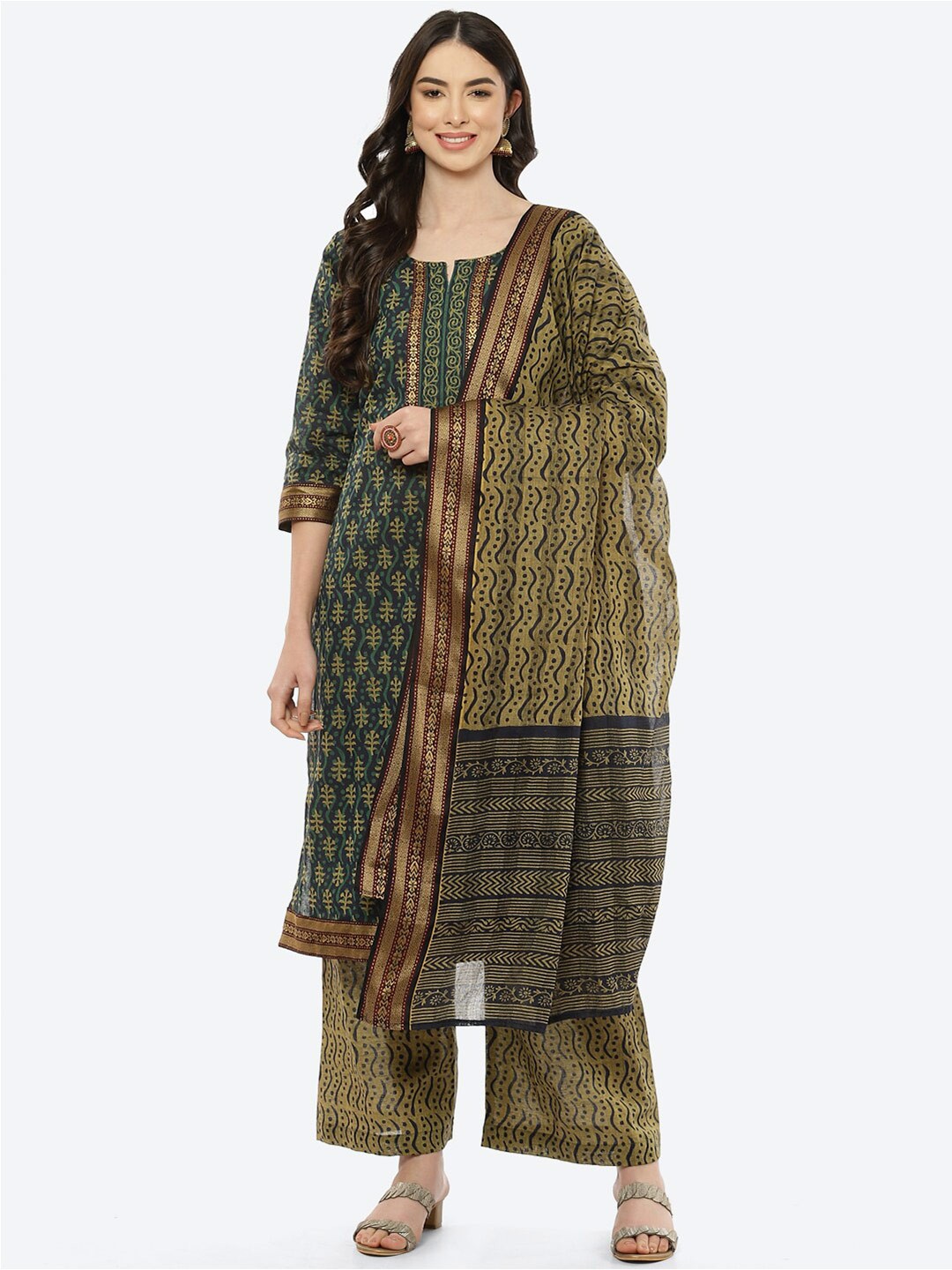 

Biba Blue & Olive Green Printed Unstitched Dress Material