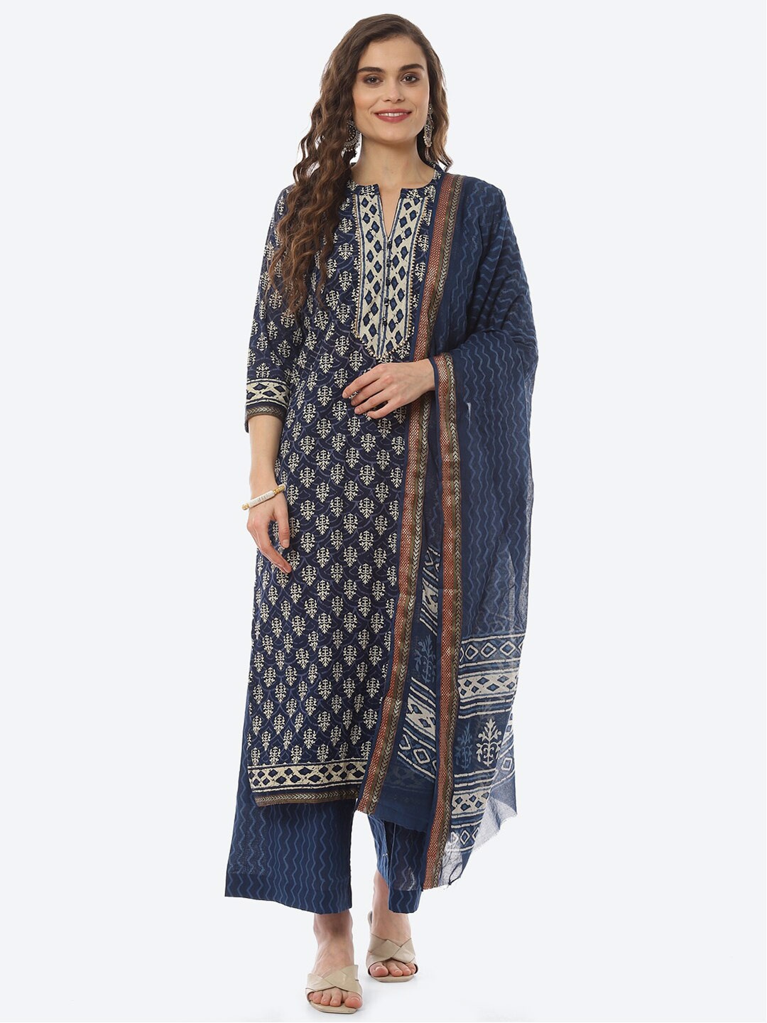 

Biba Blue & Cream-Coloured Printed Unstitched Dress Material