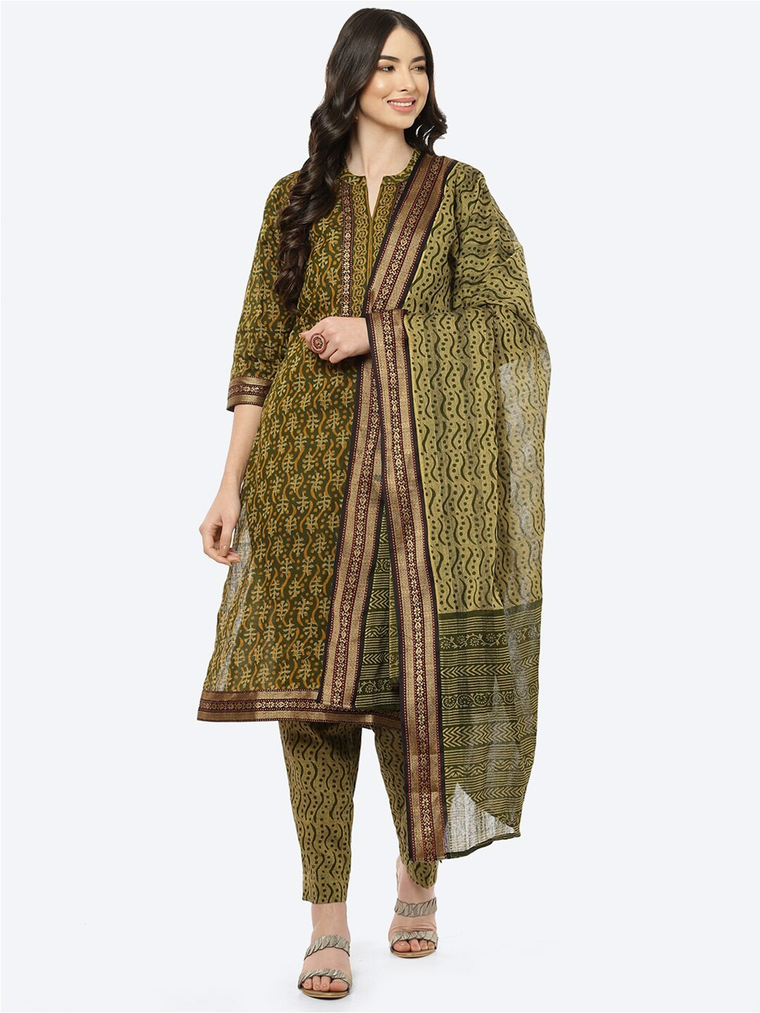 

Biba Olive Green Printed Unstitched Dress Material