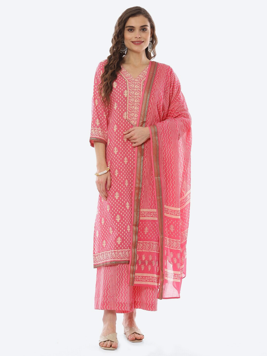 

Biba Pink & Off White Printed Unstitched Dress Material