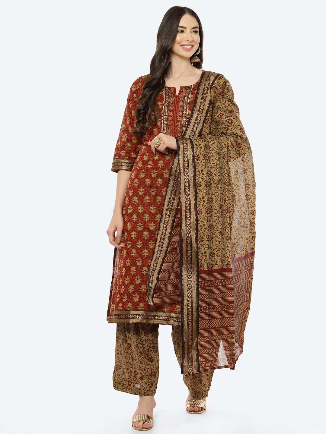 

Biba Red & Olive Green Printed Unstitched Dress Material