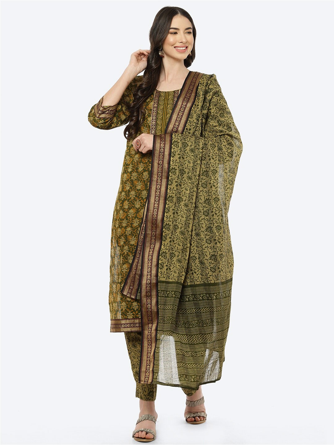 

Biba Olive Green Printed Unstitched Dress Material