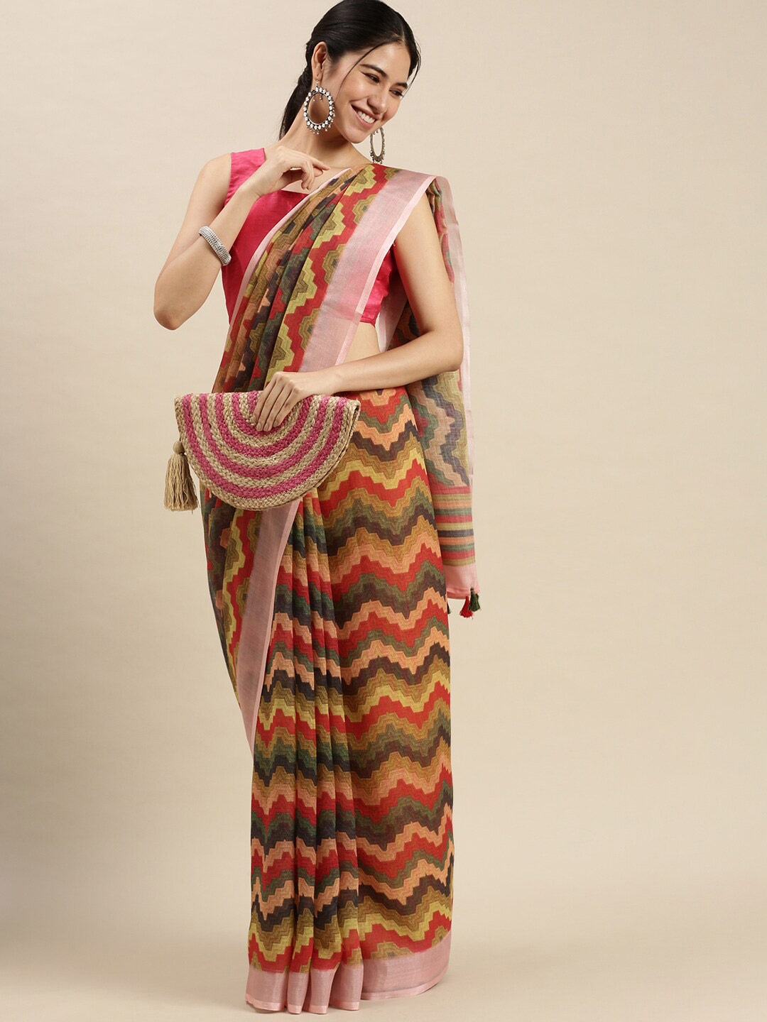 

Ethnic Threads Red & Yellow Leheriya Pure Linen Saree