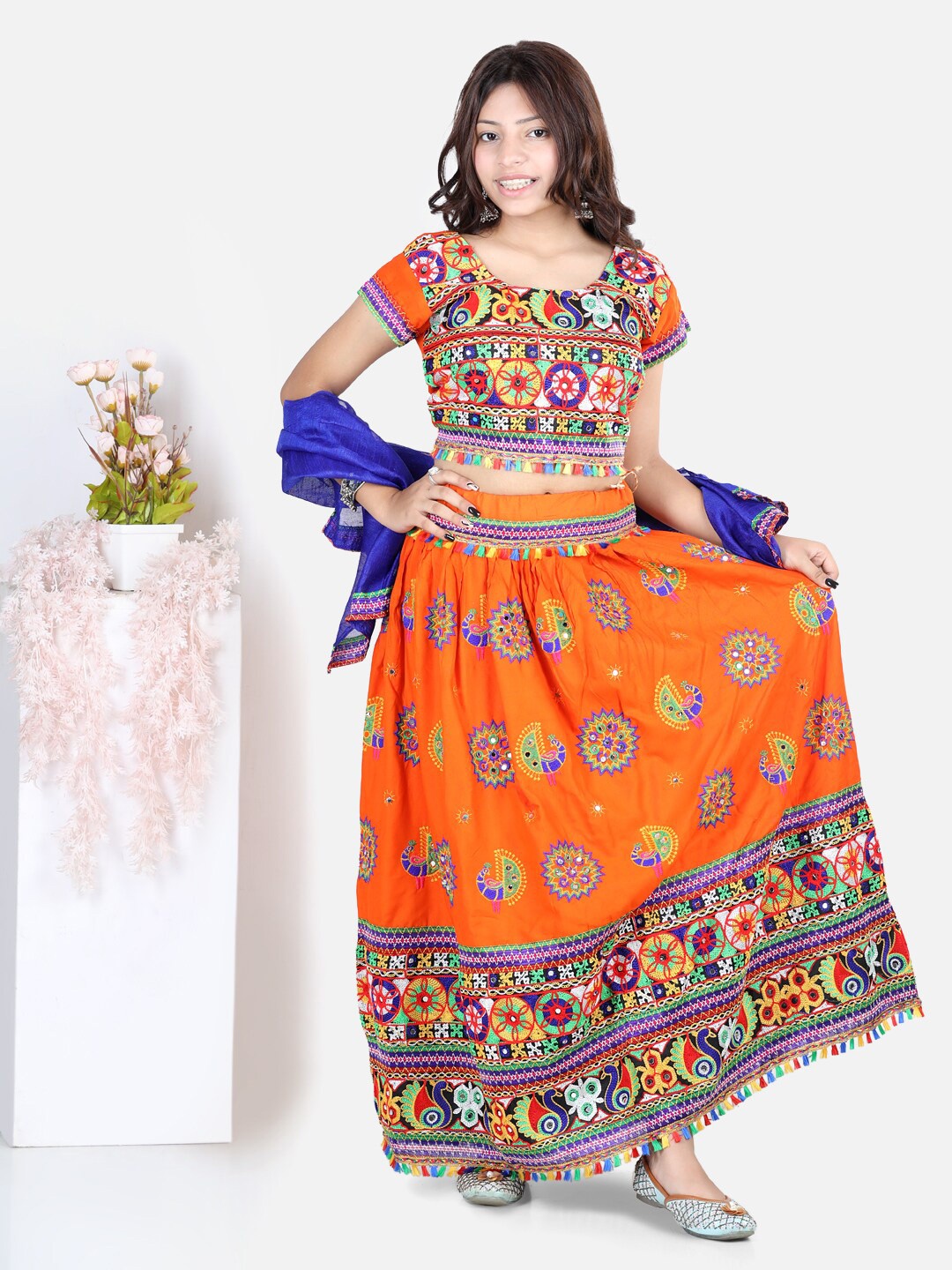 

BownBee Girls Orange Embroidered Mirror Work Lehenga & Blouse With Dupatta