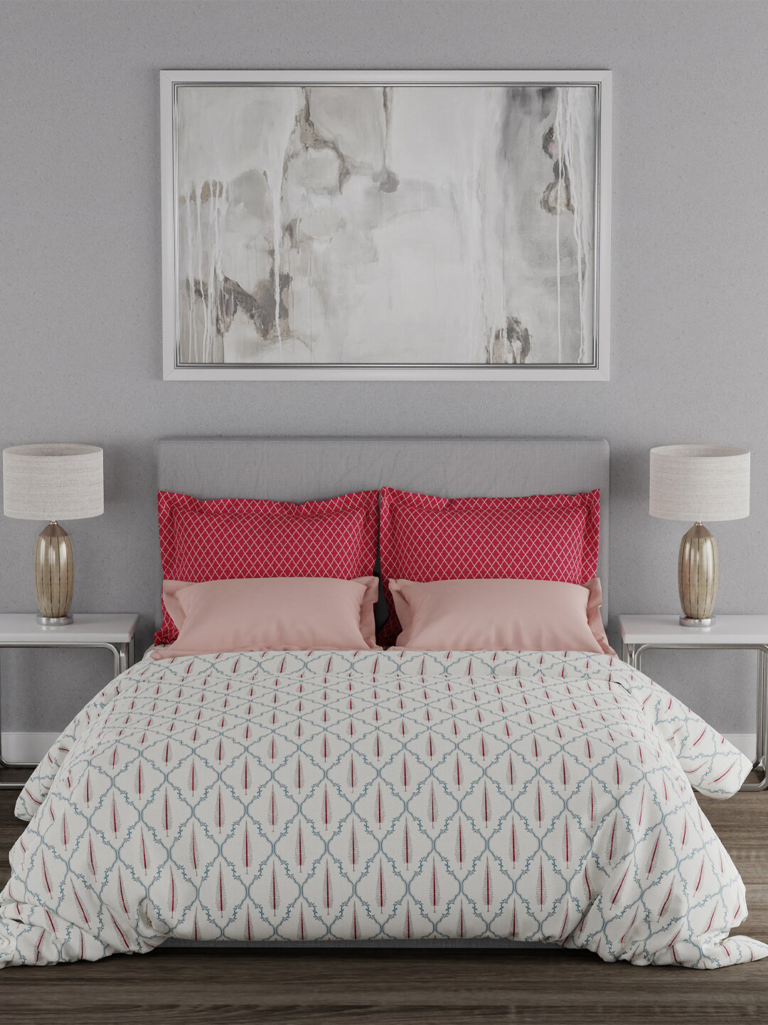 

MYTRIDENT Pink Grey Ethnic Motifs 120 TC Queen Cotton Bedsheet with 2 Pillow Covers