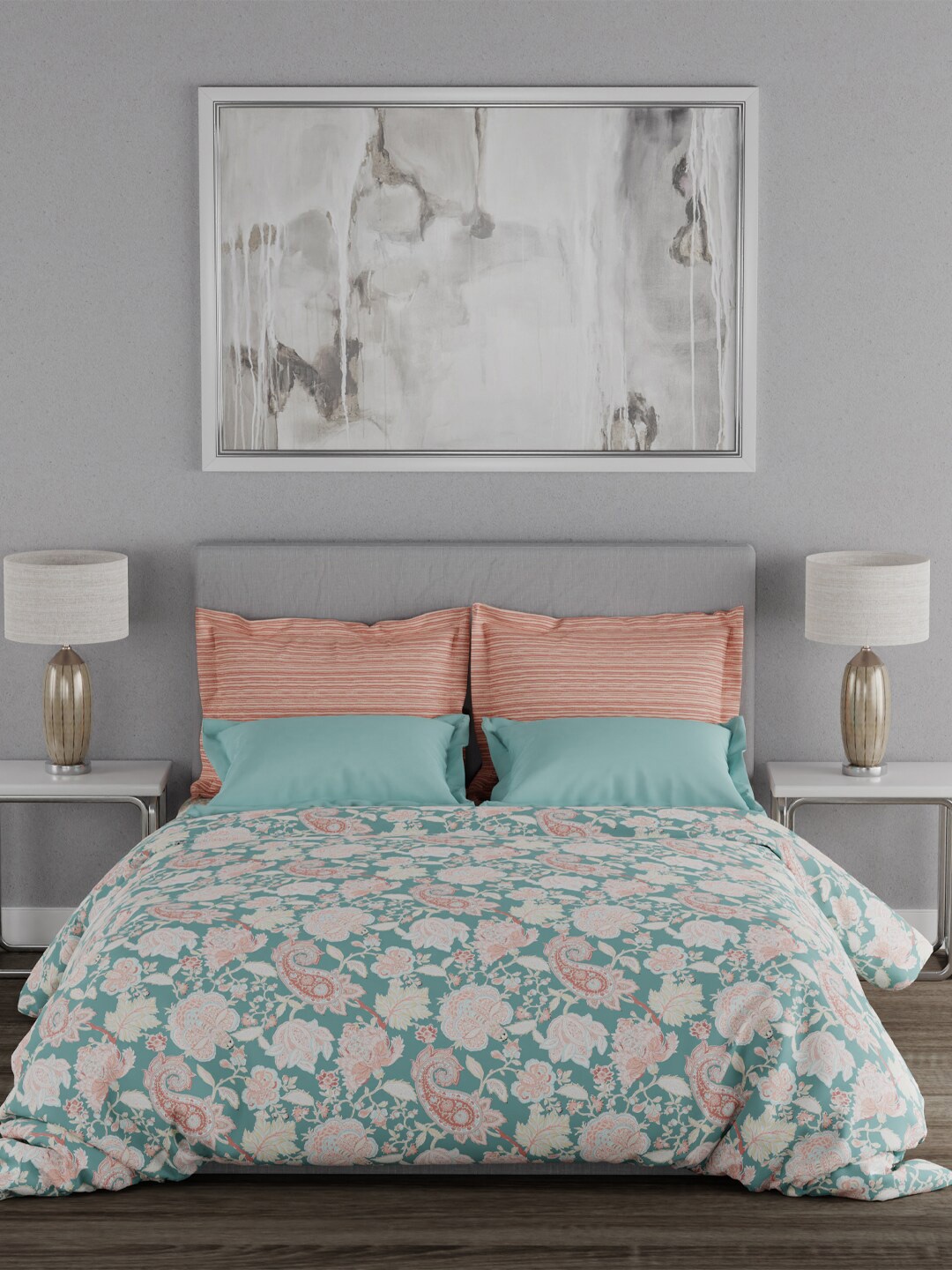 

MYTRIDENT Peach-Coloured Blue Ethnic Motifs 120 TC Queen Bedsheet with 2 Pillow Covers