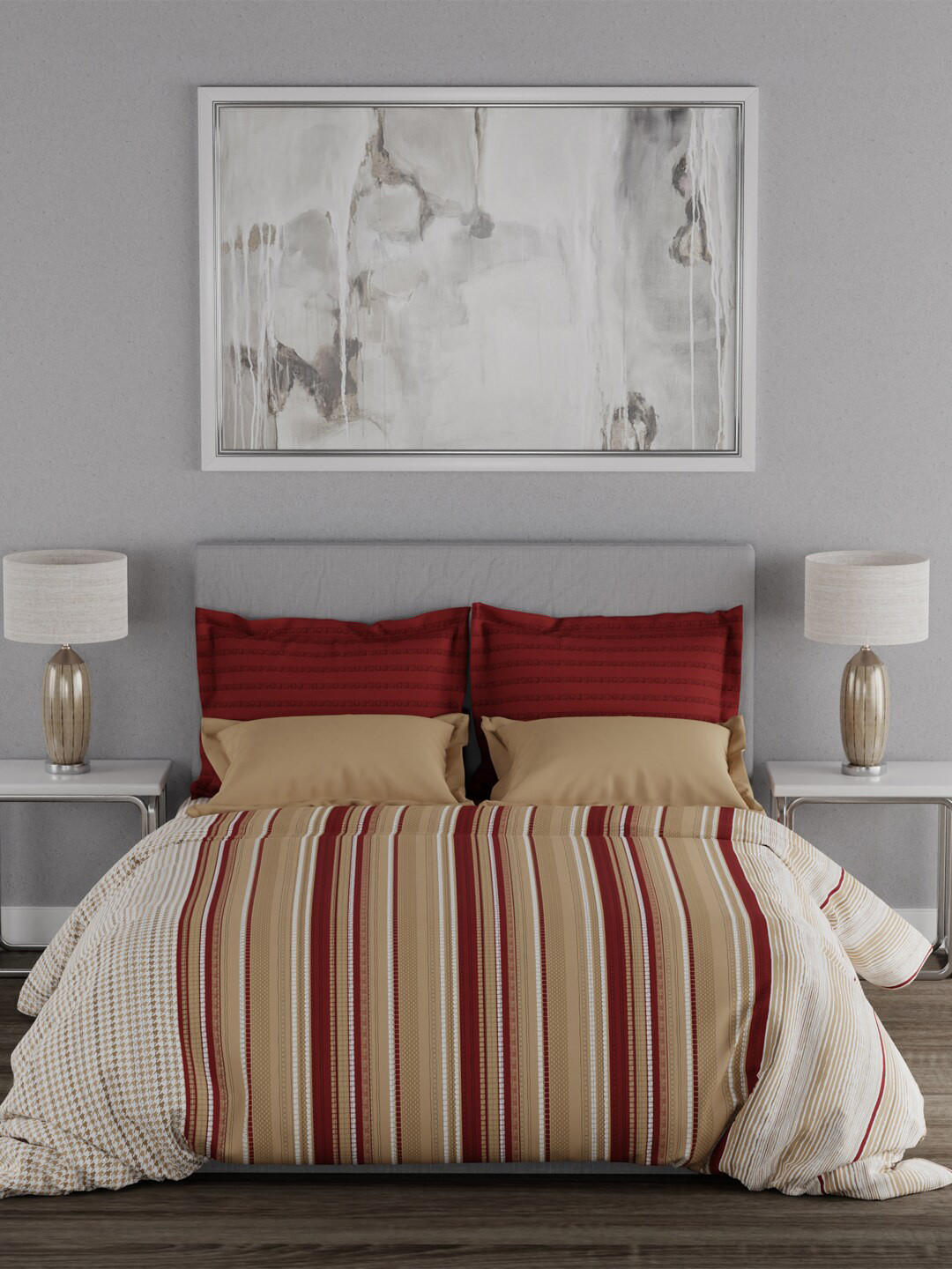 

MYTRIDENT Maroon Beige Striped 120 TC Queen Cotton Bedsheet with 2 Pillow Covers