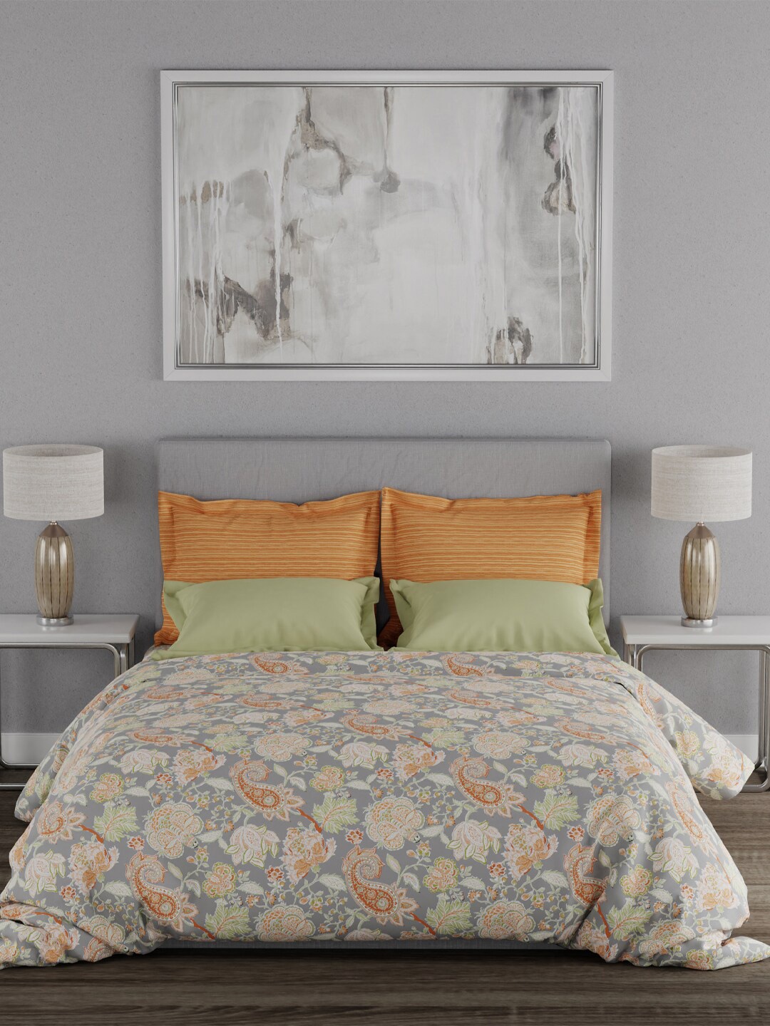 

MYTRIDENT 120 TC Ethnic Motifs Print Cotton Queen Size Flat Bedsheet With 2 Pillow Covers, Grey