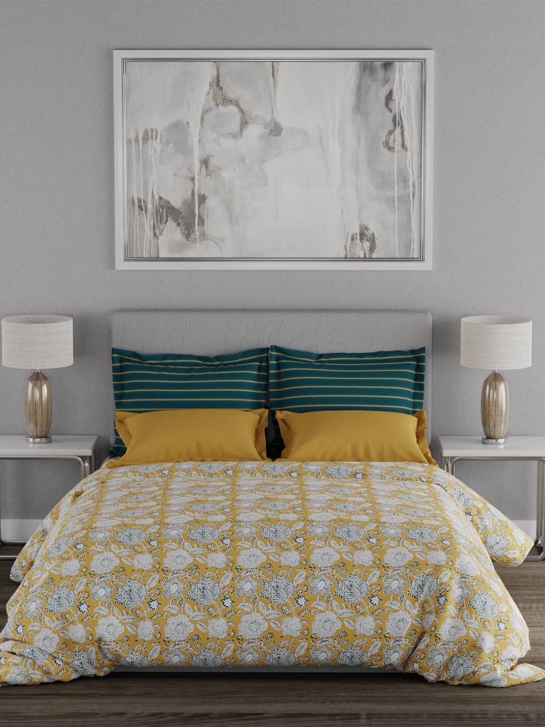 

MYTRIDENT 120 TC Floral Print Cotton Queen Size Bedsheet With 2 Pillow Covers, Yellow