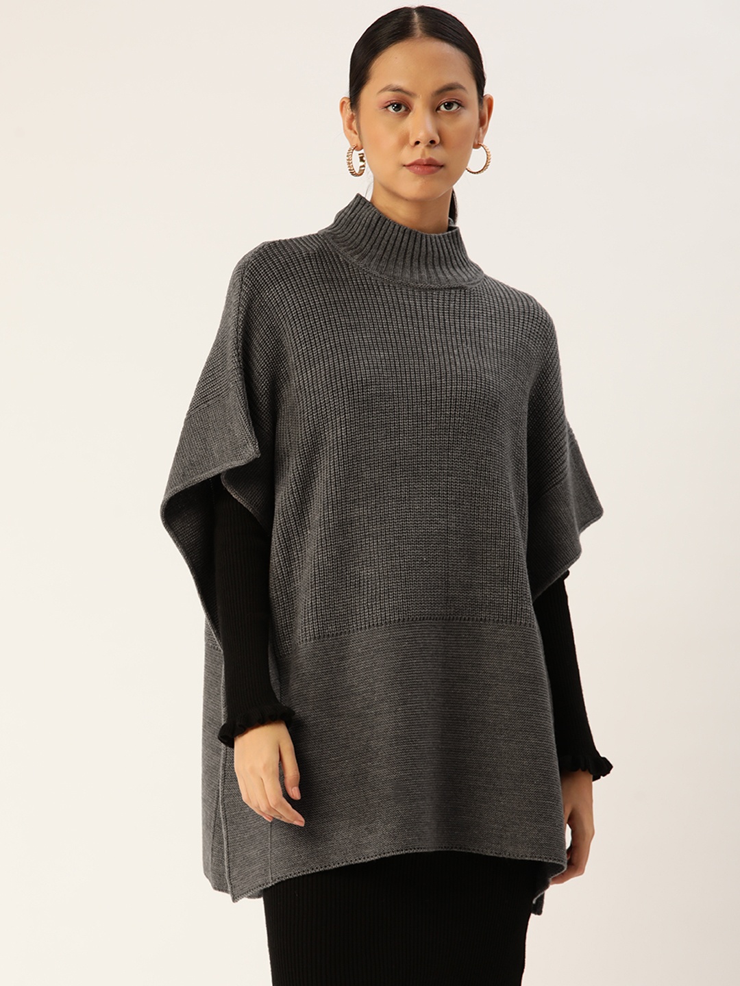 

APSLEY Women Grey Solid Longline Poncho