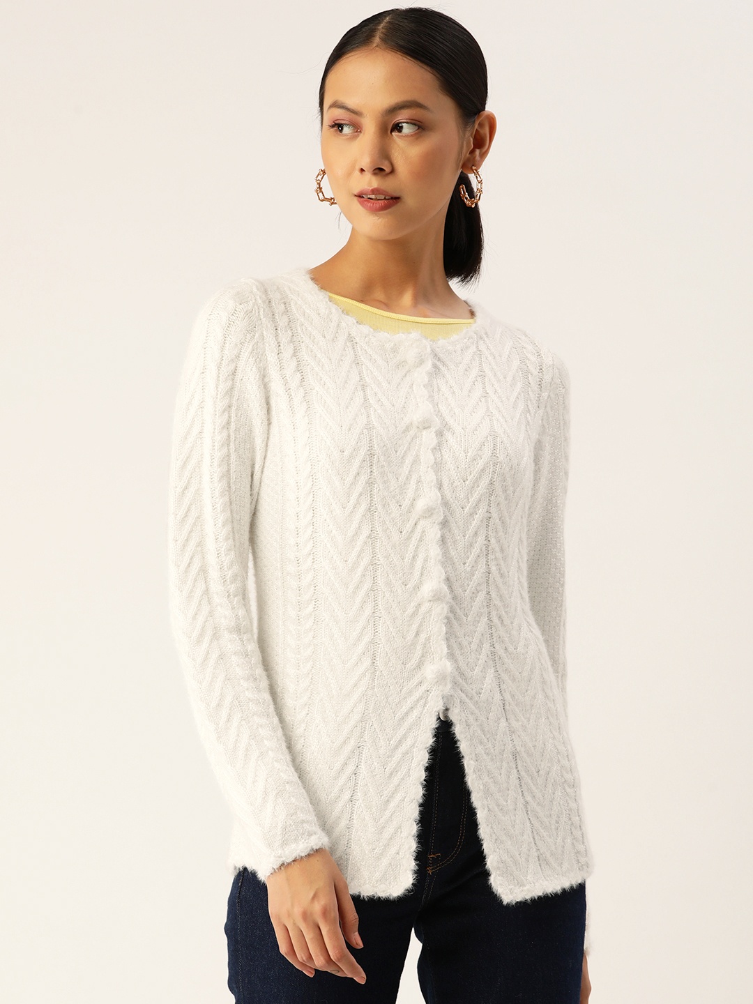 

APSLEY Women Off White Geometric Knitted Cardigan