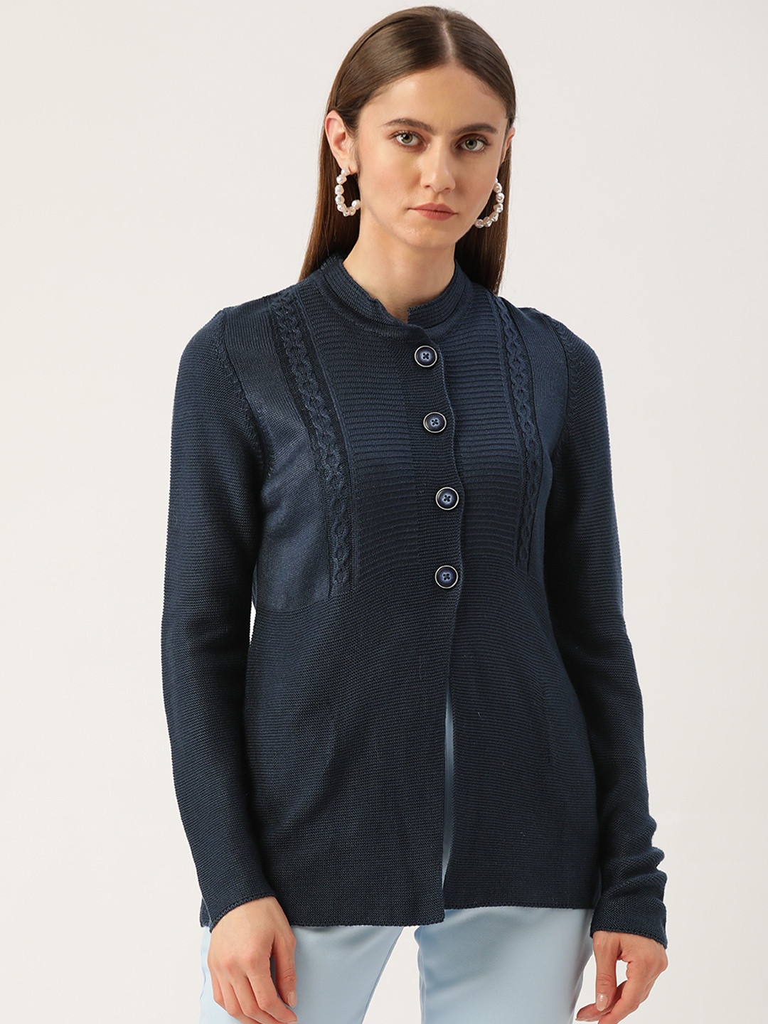 

APSLEY Women Navy Blue Striped Cardigan