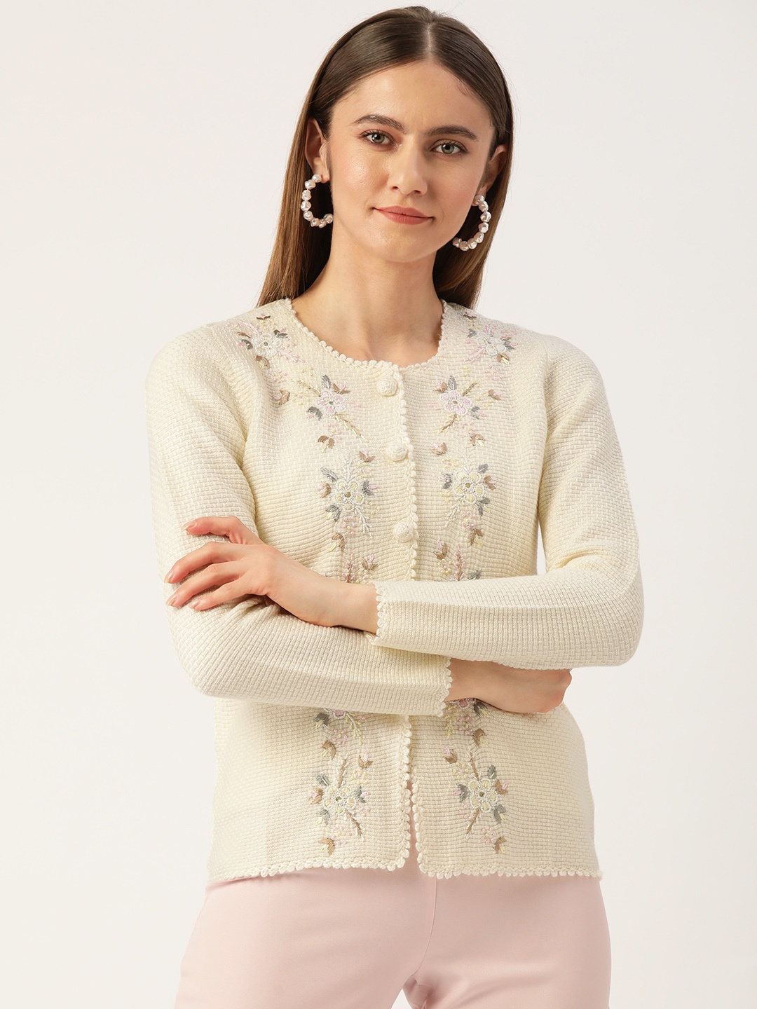 

APSLEY Women Off White Floral Cardigan with Embellished Detail