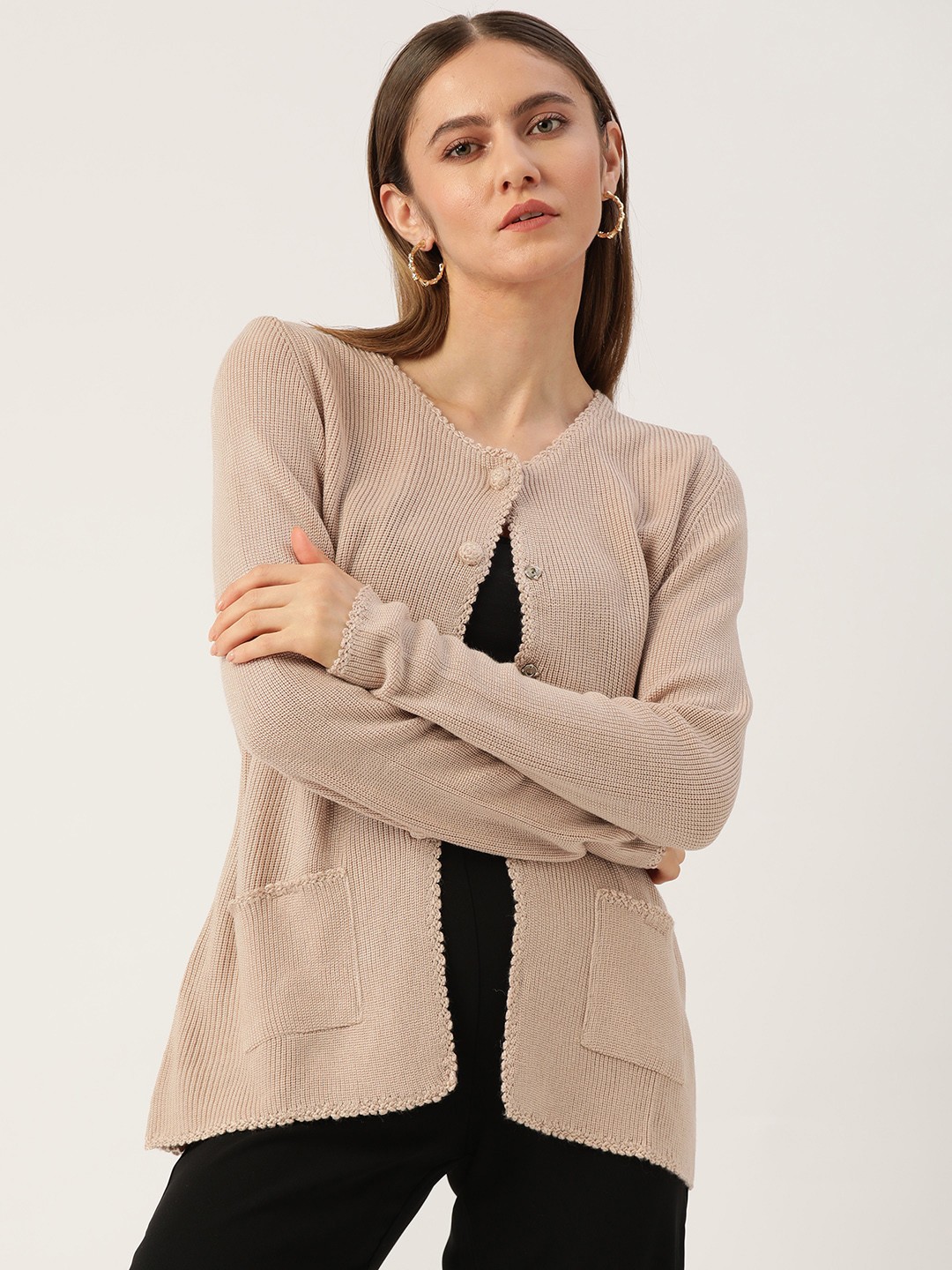 

APSLEY Women Beige Ribbed Cardigan
