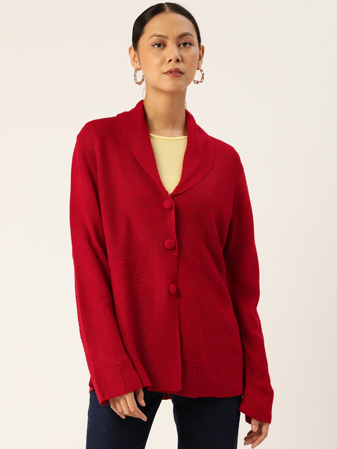 

APSLEY Women Red Solid Shawl Collar Cardigan