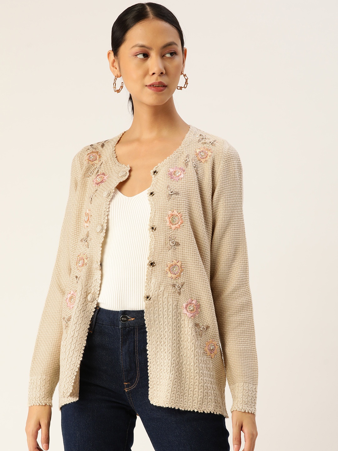 

APSLEY Women Beige Floral Embroidered Cardigan